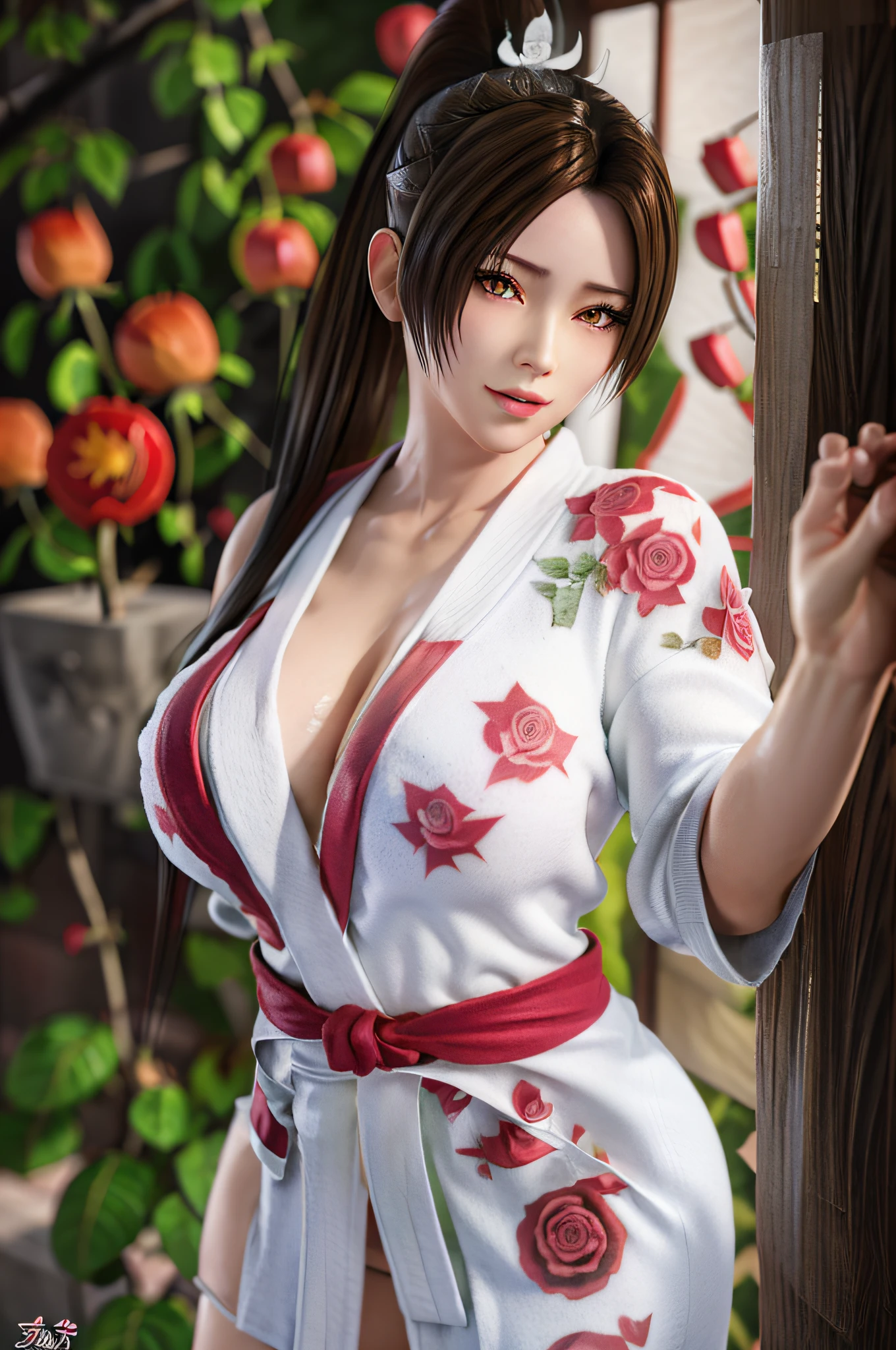 Aerial view,Full body, solo, MaiShiranui,see-through. Hands on breasts, (Japanese bathrobe:1.5),  bangs, black hair, blunt bangs, ( gigantic breasts:1.4), lips, long hair, moles under the mouth, purple eyes, slightly dilated lips, smile, wet skin, Wet hair,  shame,Standing amidst the falling cherry blossoms,(rose_tattoos:1.5), (masterpiece: 1.4), (best quality: 1.4), real-life portrait photography, looking at the viewer,Center,