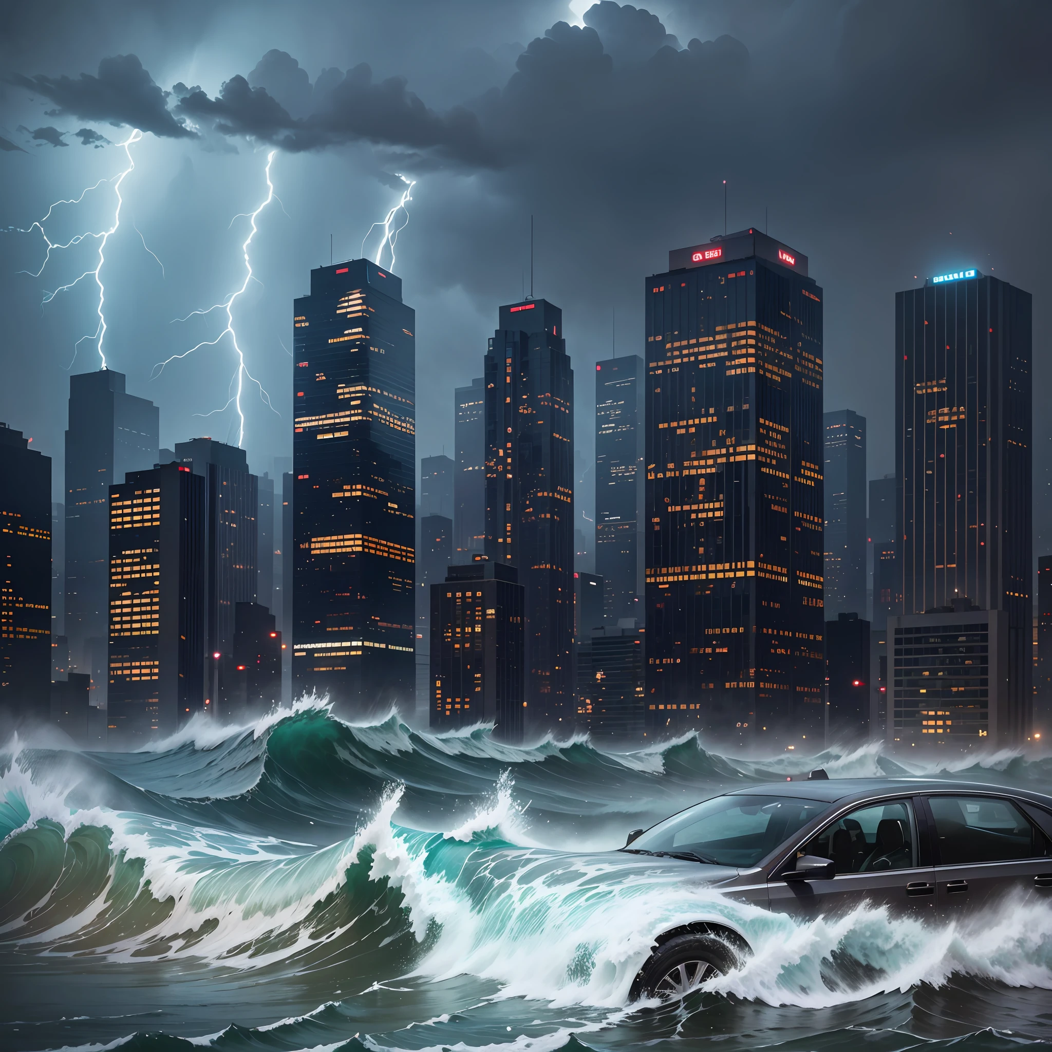 The sky is lightning and thunder, majestic rain, the sky is dark, city streets, city blackouts, no lights, abandoned cars everywhere, huge waves sweeping the streets of the city, huge waves 50 meters high, flooding tall buildings, drowning cars, --auto --s2