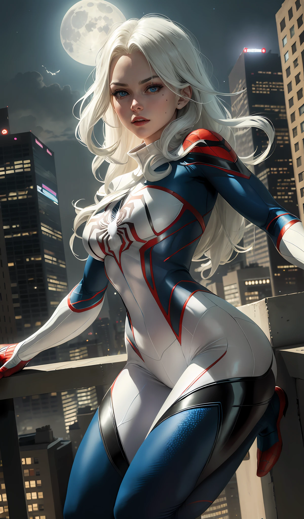 (Masterpiece, 4k resolution, ultra-realistic, very detailed), (White superhero theme, charismatic, there's a girl on top of town, wearing Spider-Man costume, she's a superhero), [ ((25 years), (long white hair:1.2), full body, (blue eyes:1.2), ((Spider-Man pose),show of strength, jumping from one building to another), ((sandy urban environment):0.8)| (cityscape, at night, dynamic lights), (full moon))] # Explanation: The Prompt mainly describes a 4K painting of ultra-high definition, very realistic, very detailed. It shows a superheroine at the top of the city, wearing a Spider-Man costume. The theme in the painting is a white superhero theme, the female protagonist has long white hair, is 25 years old and her entire body is shown in the painting. In terms of portraying the actions of superheroines, spiders are employed