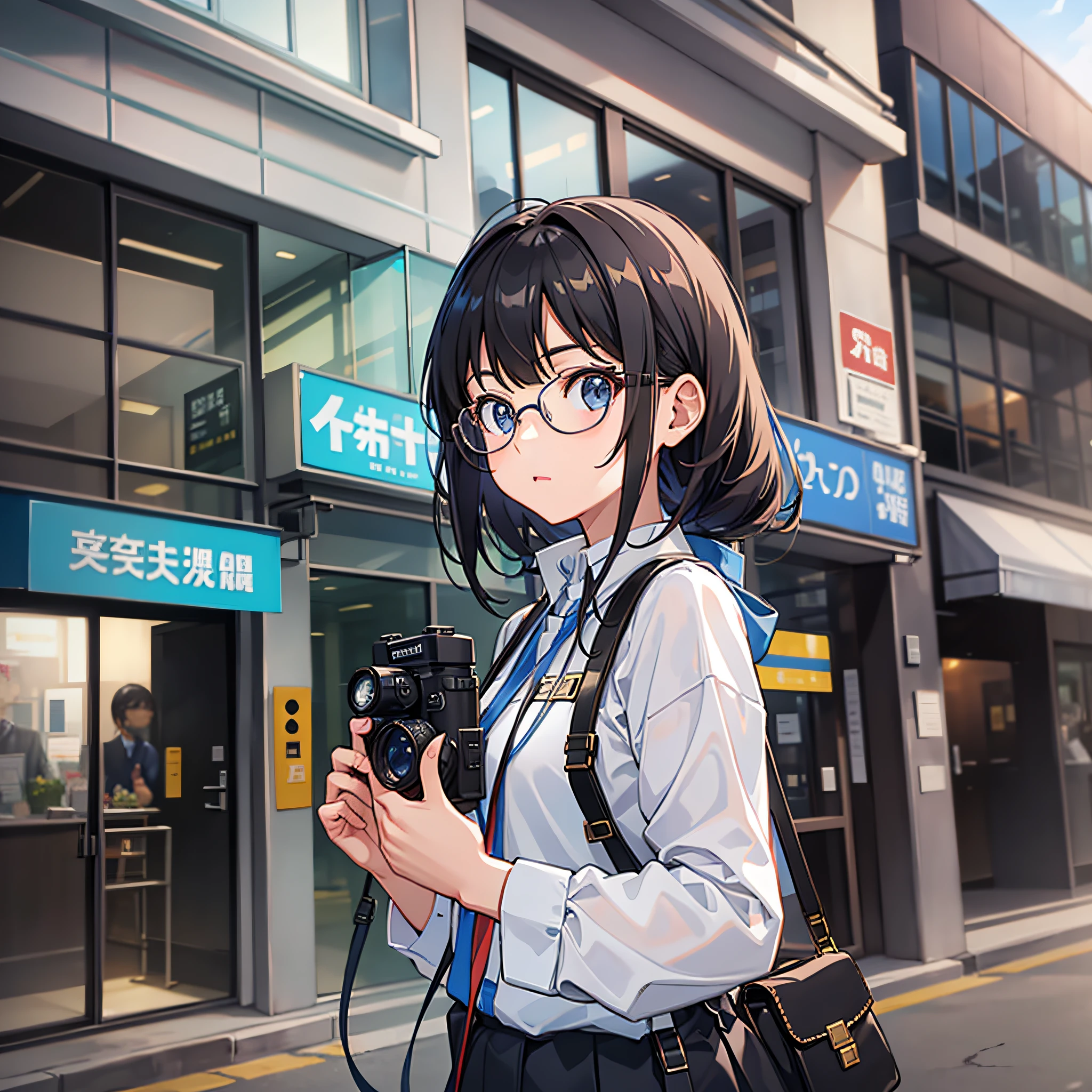 8K, clear face, clear glasses anime girl with glasses holding camera in front of building, reporter