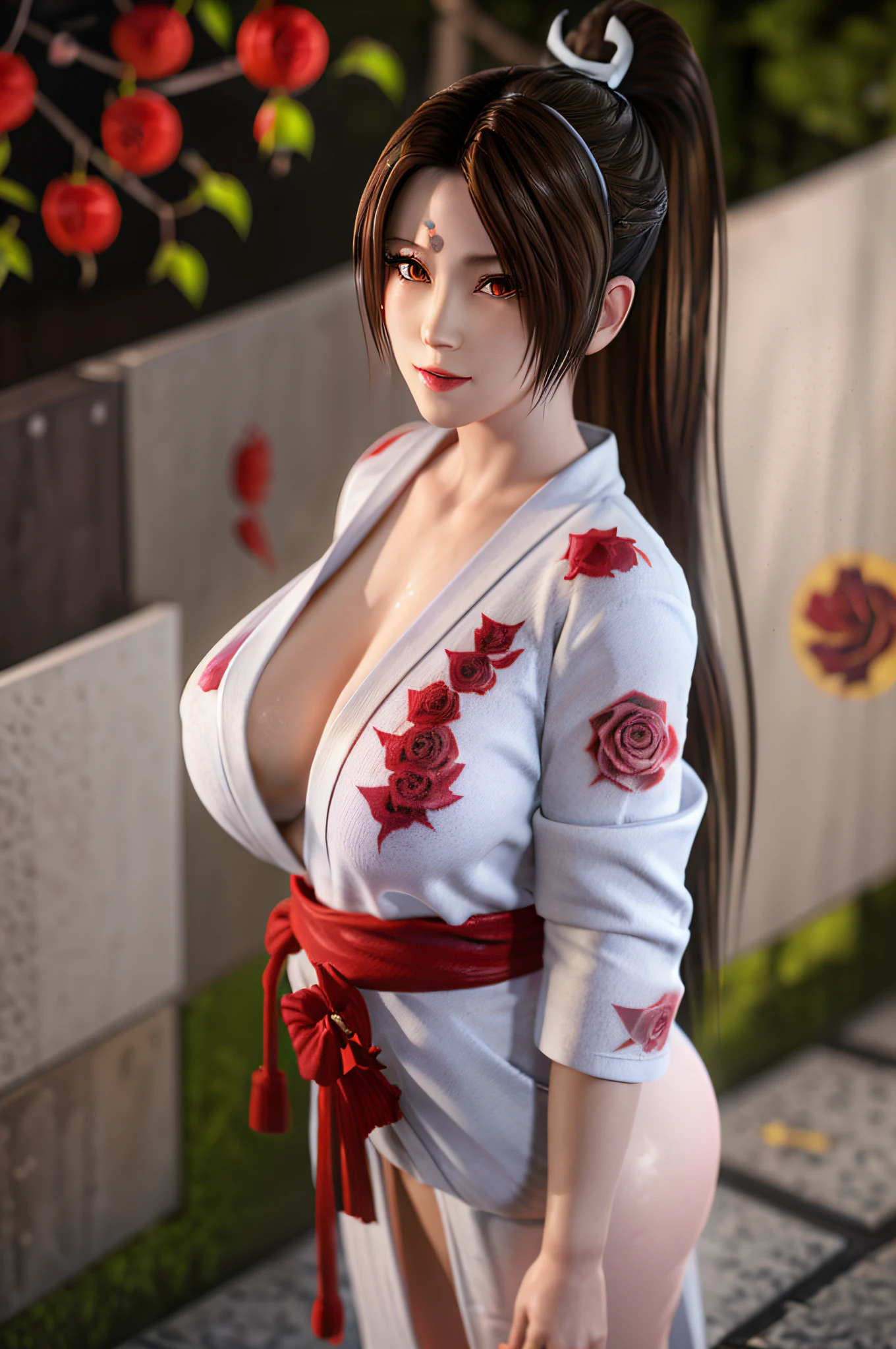 Aerial view,Full body, solo, MaiShiranui,see-through.  (Japanese bathrobe:1.5),  bangs, black hair, blunt bangs, ( gigantic breasts:1.4), lips, long hair, moles under the mouth, purple eyes, slightly dilated lips, smile, wet skin, Wet hair,  shame,Standing amidst the falling cherry blossoms,(rose_tattoos:1.5), (masterpiece: 1.4), (best quality: 1.4), real-life portrait photography, looking at the viewer,Center,