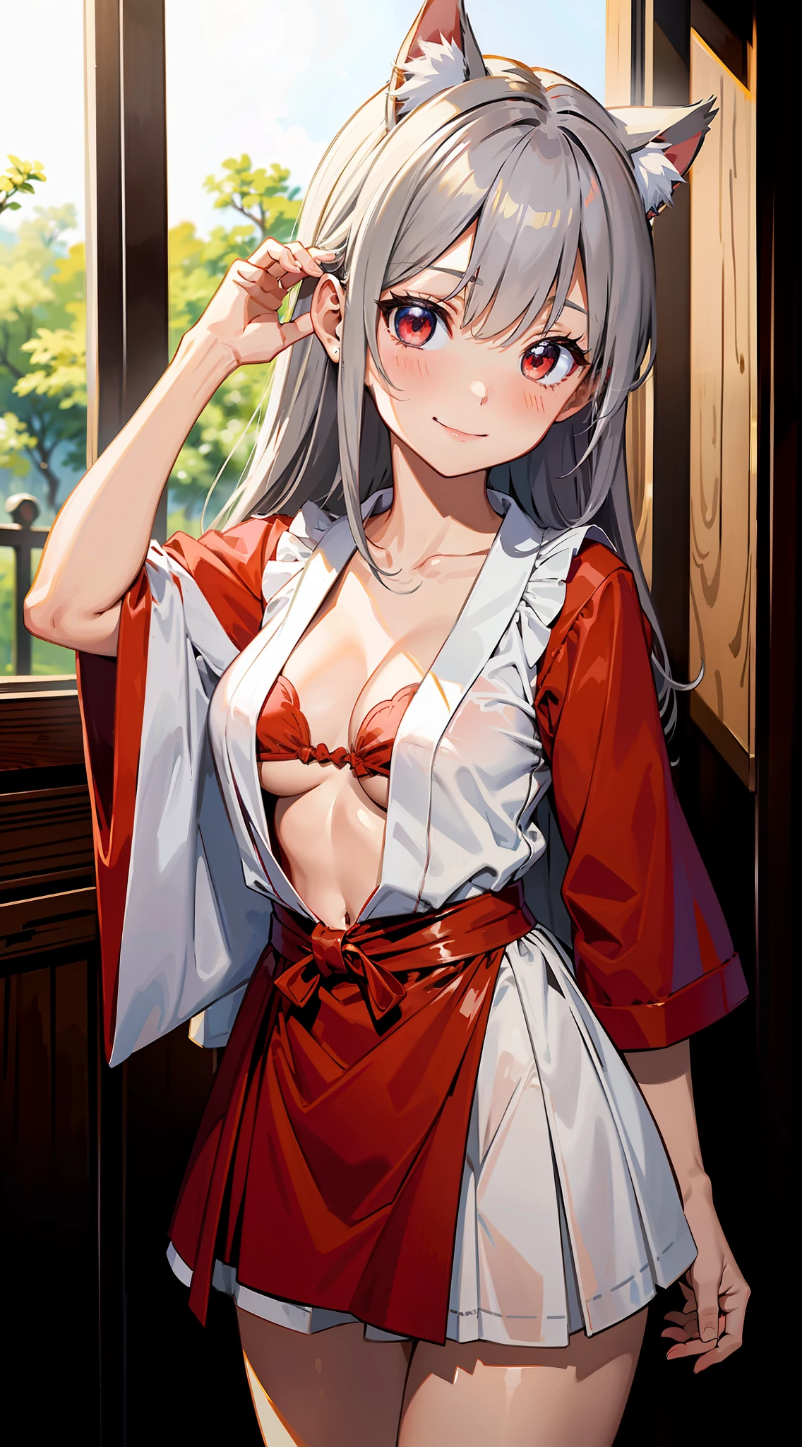 (Masterpiece), (Top Quality Anime Illustration), (Super Definition), (Super Detail), One Girl, Solo, Silver-haired Beautiful Girl, Anime Loli, Cat Ear Loli, Petite, Red and White Priestess Costume, See-Through Red and White Hakama, Lolita Priestess, Smile, Small Breasts, Cleavage, Underboob, Thighs, Sakura, Shrine, Tarot Card Style