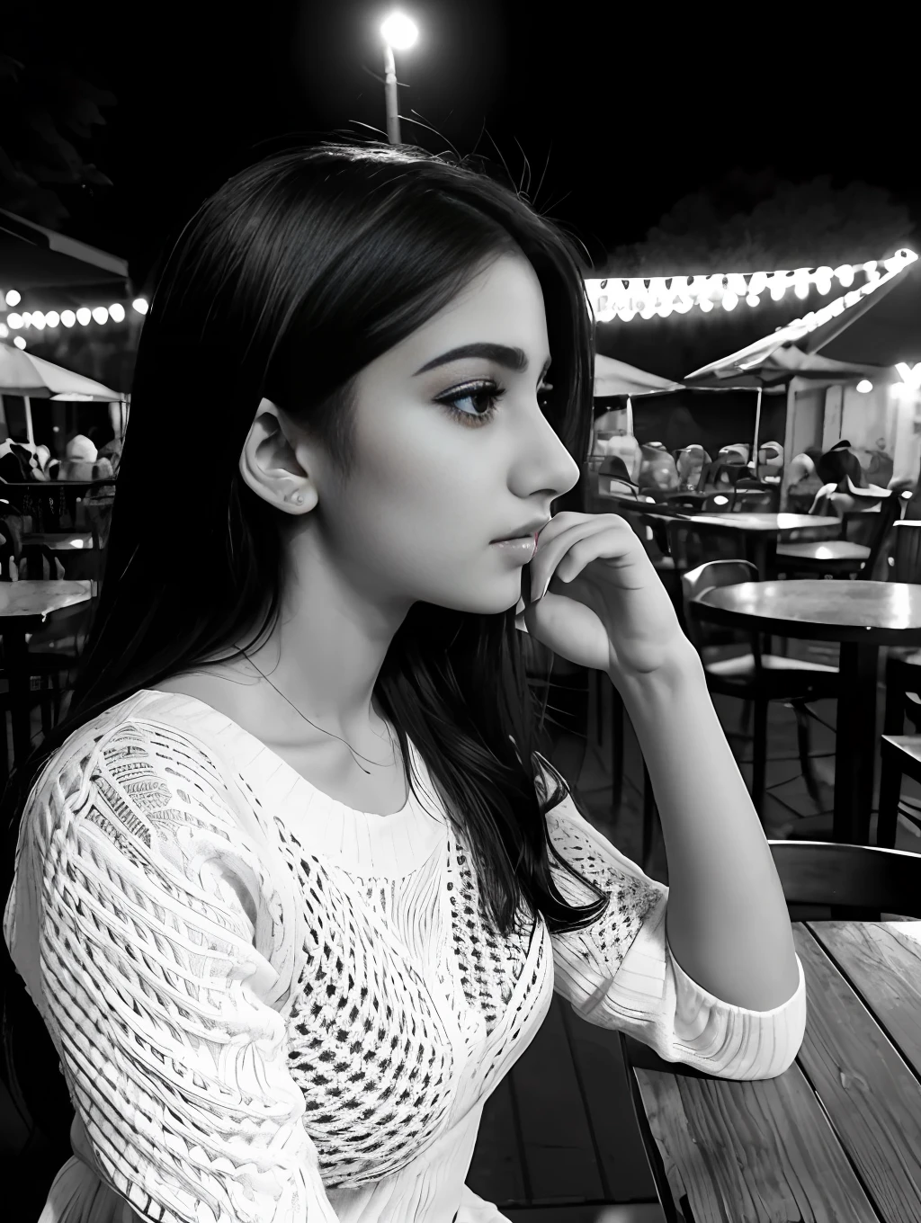 Black and white, cinematic bloom,Raw photo, realistic,girl,Indian girl,age 22, full body,pale skin,petite body, beautiful face, detailed face,black fishnet sweater dress,big breasts, upper body, sitting, cowboy shot, outdoor, night, restaurant, ((looking at viewer:1.4)),((face towards me)), from below,side profile