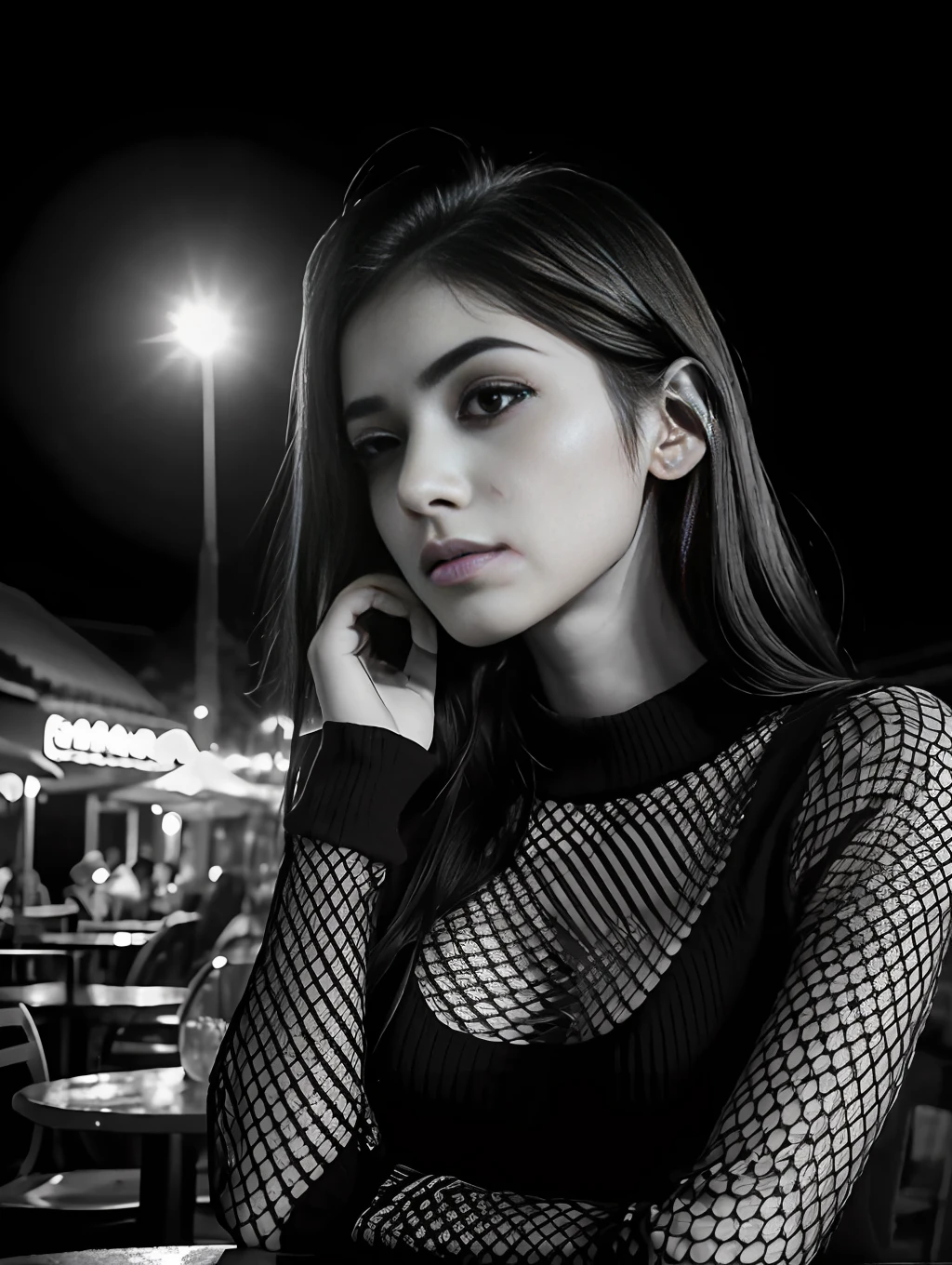 Black and white, cinematic bloom,Raw photo, realistic,girl,Indian girl,age 22, full body,pale skin,petite body, beautiful face, detailed face,black fishnet sweater dress,big breasts, upper body, sitting, cowboy shot, outdoor, night, restaurant, ((looking at viewer:1.4)),((face towards me)), from below,side profile