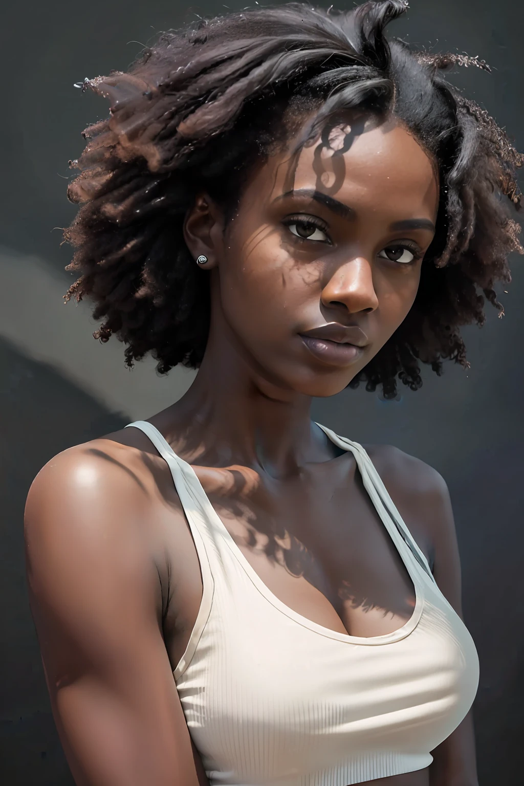 masterpiece, (best quality:1.5), highly detailed, (real photo:1.2) of young tall slender woman, dark skin, upper body, 64k, darkness, accent lighting, 100mm, high contrast, simple background, hands down, ((short:1.5)) curly hair, black tank top, ((shadows:1.2)), sharp focus, centered, looking at the camera, (aesthetic:1.3)