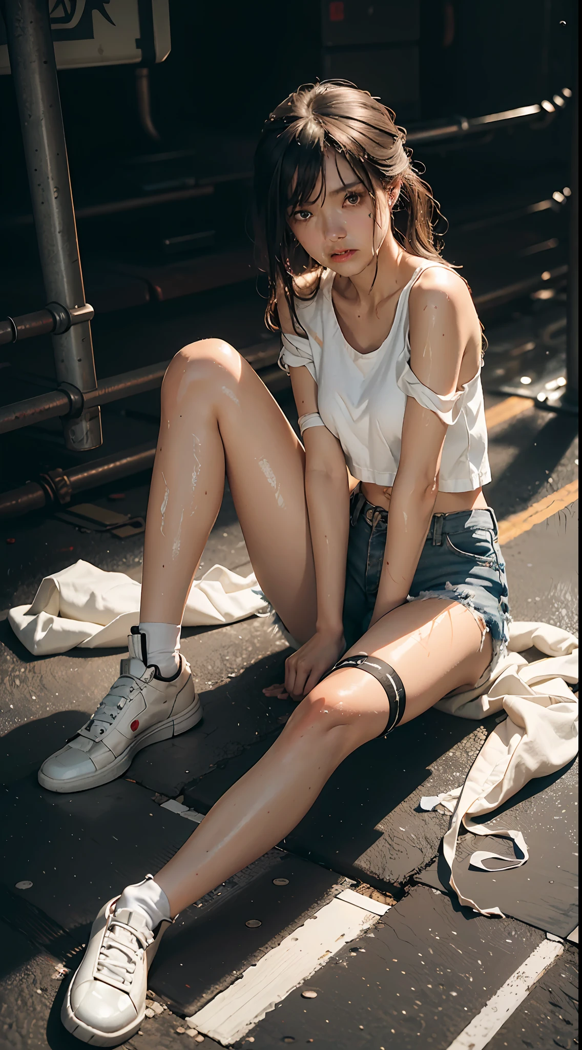 best quality, masterpiece, ultra high resolution, (fidelity: 1.4), photo, 1 girl, white shirt, torn denim shorts, white sneakers, dim, darkness, despair, pity, poor, movie, tears, teardrops, (torn clothes: 1.5), (wet clothes: 1.4), bare shoulders, real rain, wet hair, ruins, mechanical punk, mecha, chariot, mechanical arms, mechanical blood vessels, mechanical legs, mechanical stomach, sitting on the ground, hands apart