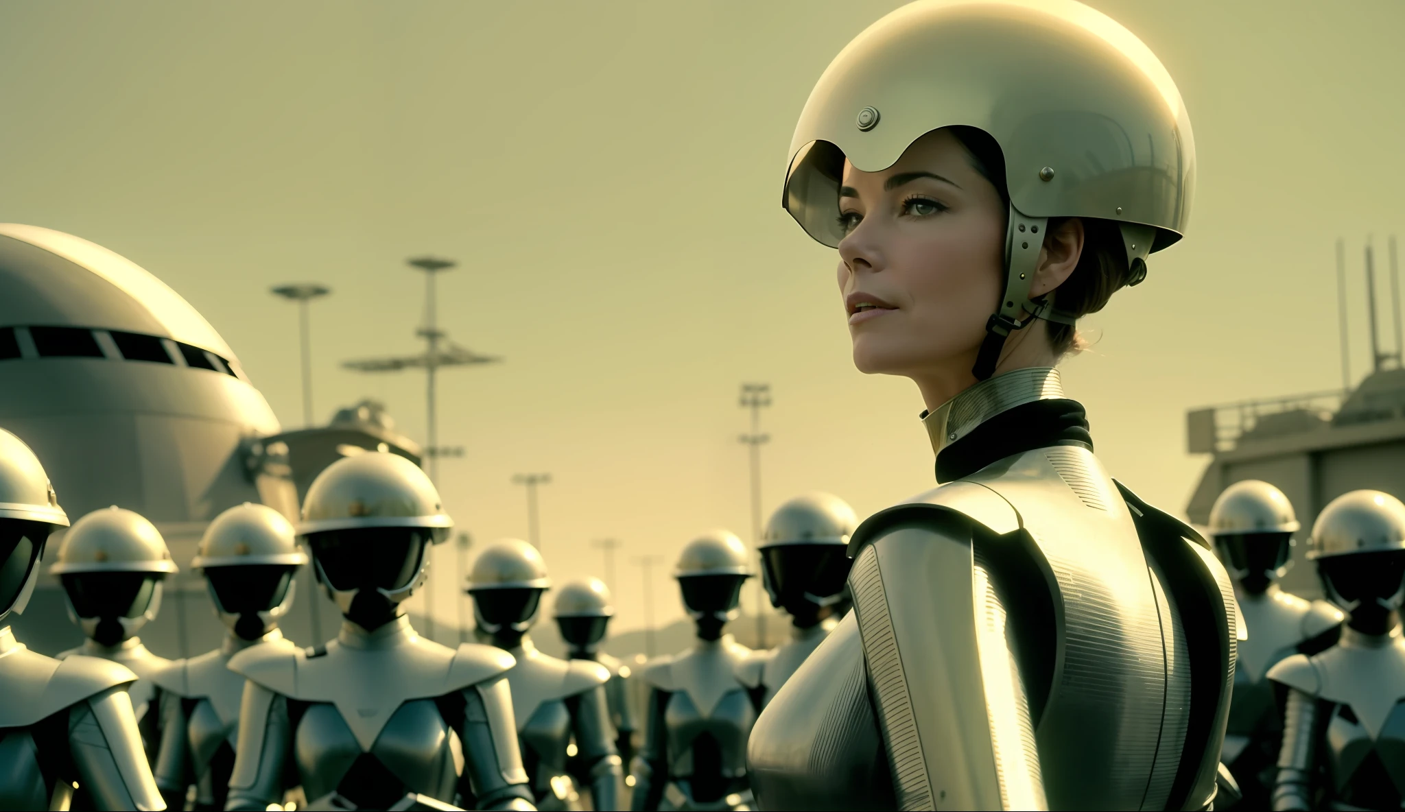 a woman (Parker Posey) in a helmet in front of a group of people dressed in armor and helmets, a color photo by Galen Dara, cgsociety, retrofuturism, futuristic, reimagined by light and industrial magic, 1970s