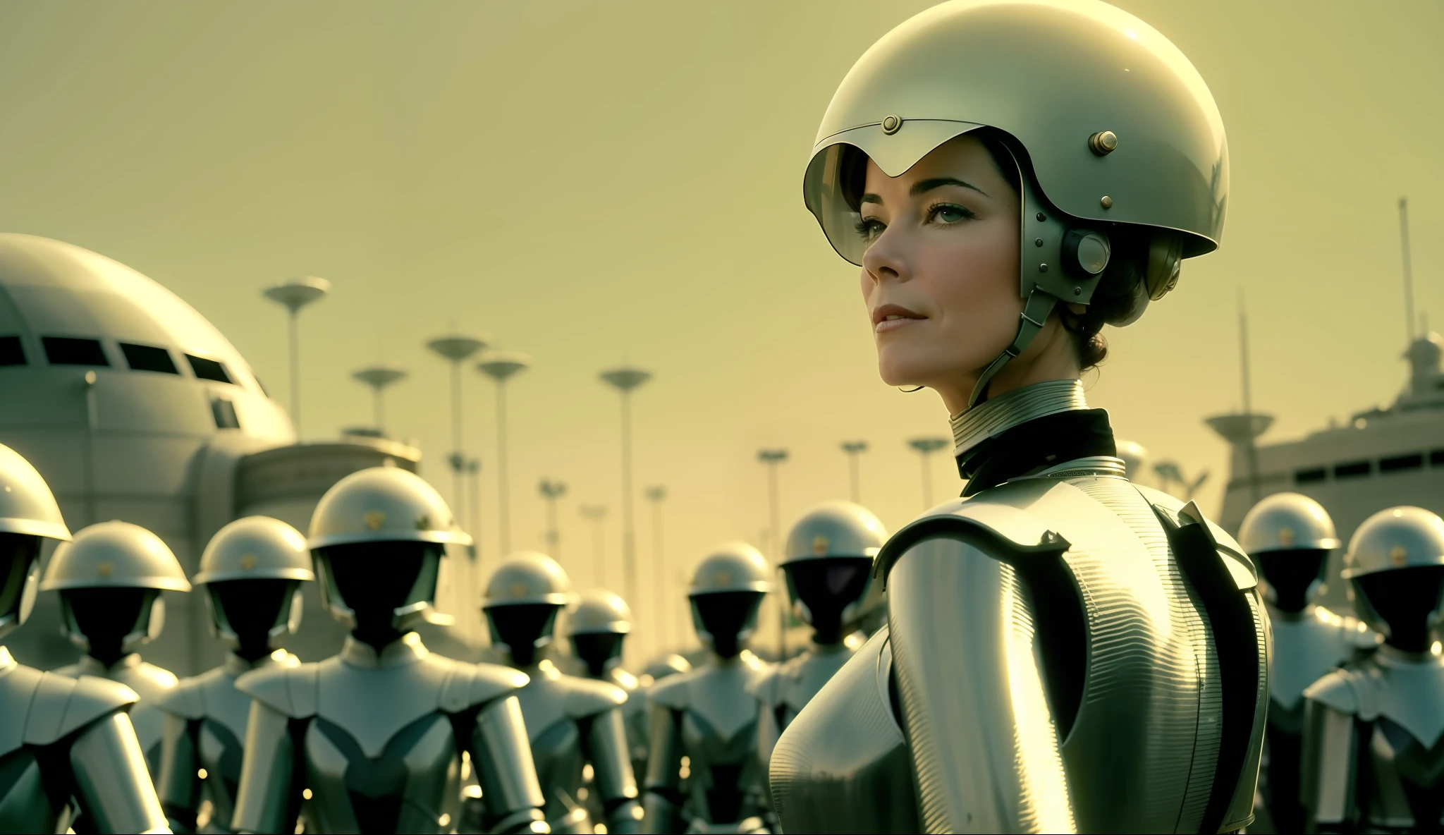 a woman (Parker Posey) in a helmet in front of a group of people dressed in armor and helmets, a color photo by Galen Dara, cgsociety, retrofuturism, futuristic, reimagined by light and industrial magic, 1970s