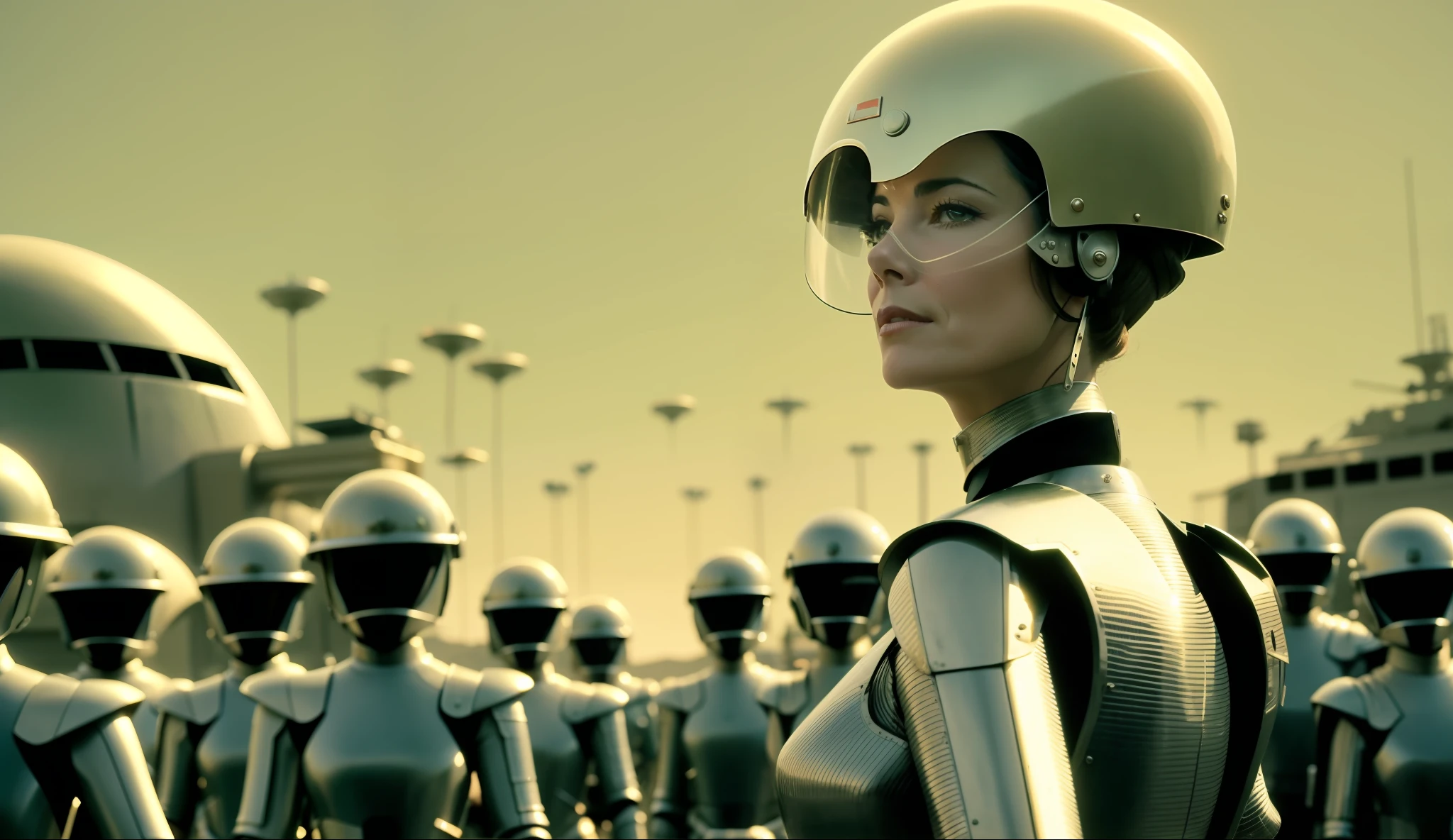 a woman (Parker Posey) in a helmet in front of a group of people dressed in armor and helmets, a color photo by Galen Dara, cgsociety, retrofuturism, futuristic, reimagined by light and industrial magic, 1970s
