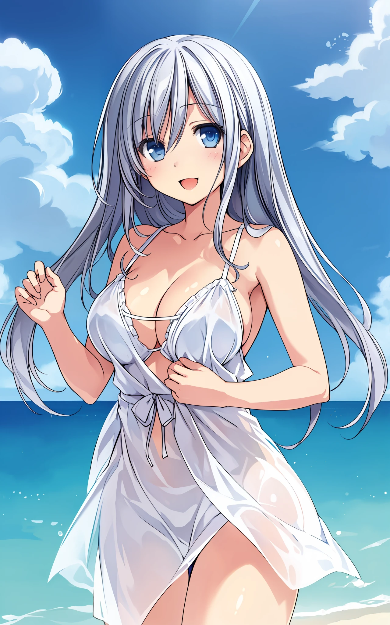 Mio_Takamiya, (masterpiece:1.2), (high_quality:1.2), (detailed:1.2), (Beautiful, large_Breasts:1.5), looking at viewer, 1girl, solo, long_hair, silver hair, blue_silver_eyes, busty, see-through, bare shoulders, smile, beach, full view, completely nude, smile.