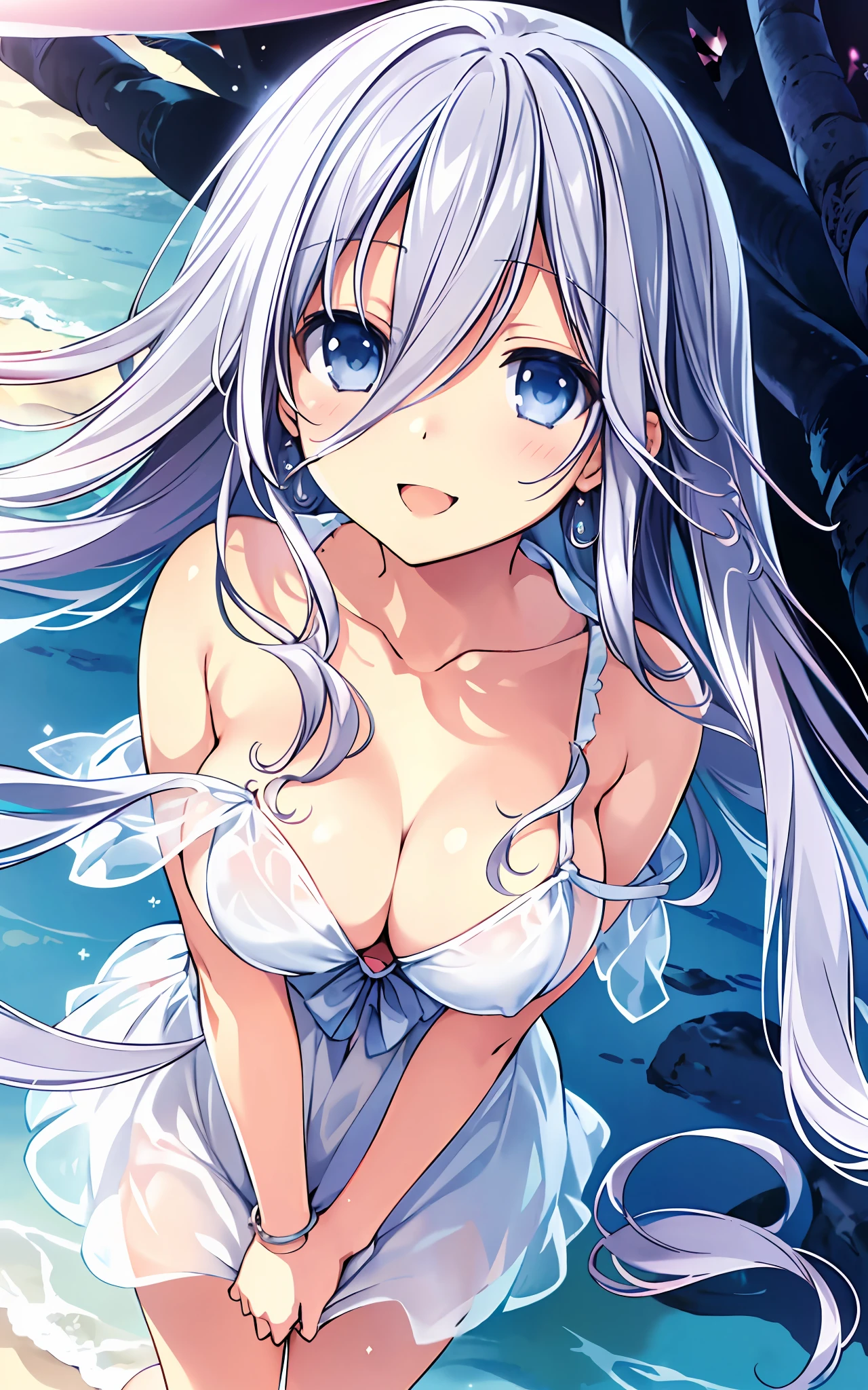 Mio_Takamiya, (masterpiece:1.2), (high_quality:1.2), (detailed:1.2), (Beautiful, large_Breasts:1.5), looking at viewer, 1girl, solo, long_hair, silver hair, blue_silver_eyes, busty, see-through, bare shoulders, smile, beach, full view, (perfect hands:1.2), smile.