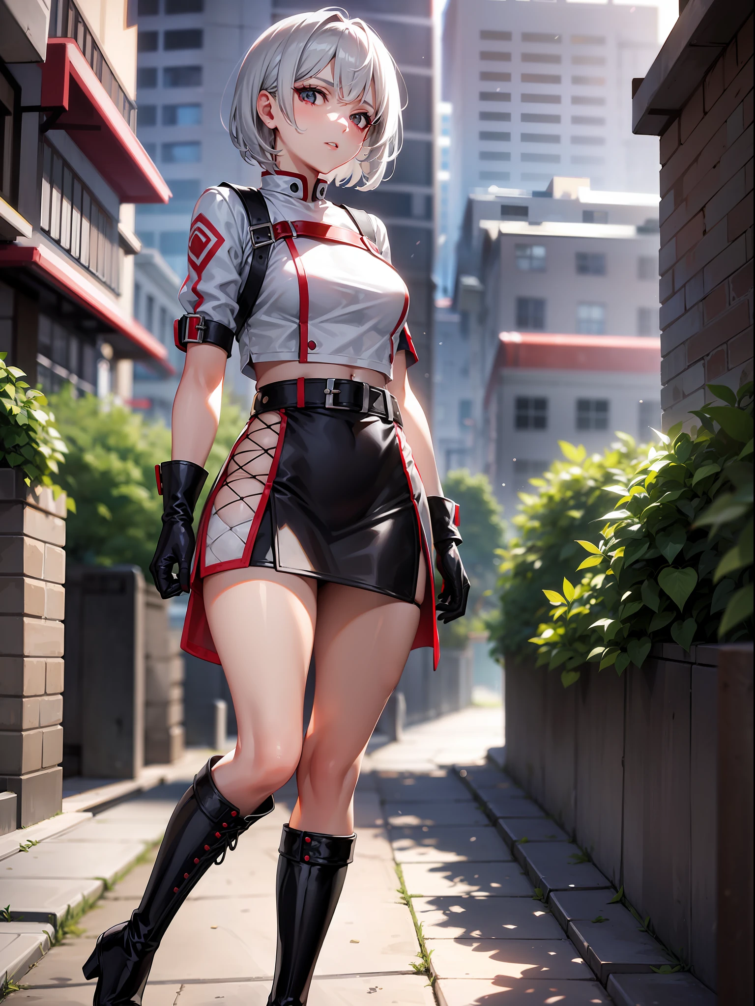 short gray hair, white clothes, red waist belt, black gloves, black boots, girl, outdoor