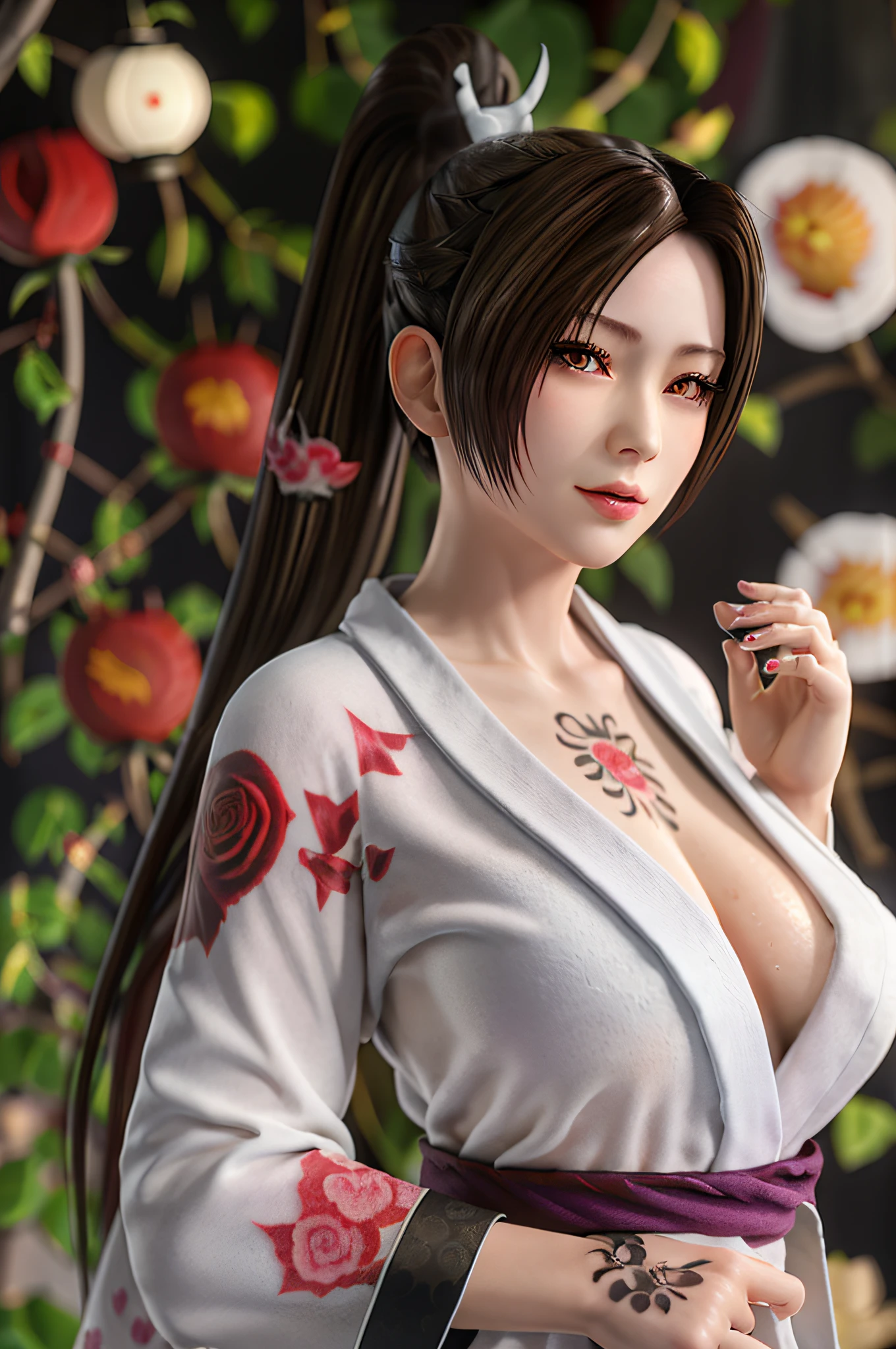 Full body, solo, MaiShiranui,see-through. (Japanese bathrobe:1.5), bangs, black hair, blunt bangs, ( gigantic breasts:1.4), lips, long hair, moles under the mouth, purple eyes, slightly dilated lips, smile, wet skin, Wet hair, shame,Standing amidst the falling cherry blossoms,(rose_tattoos:1.5), (masterpiece: 1.4), (best quality: 1.4), real-life portrait photography, looking at the viewer,Center,