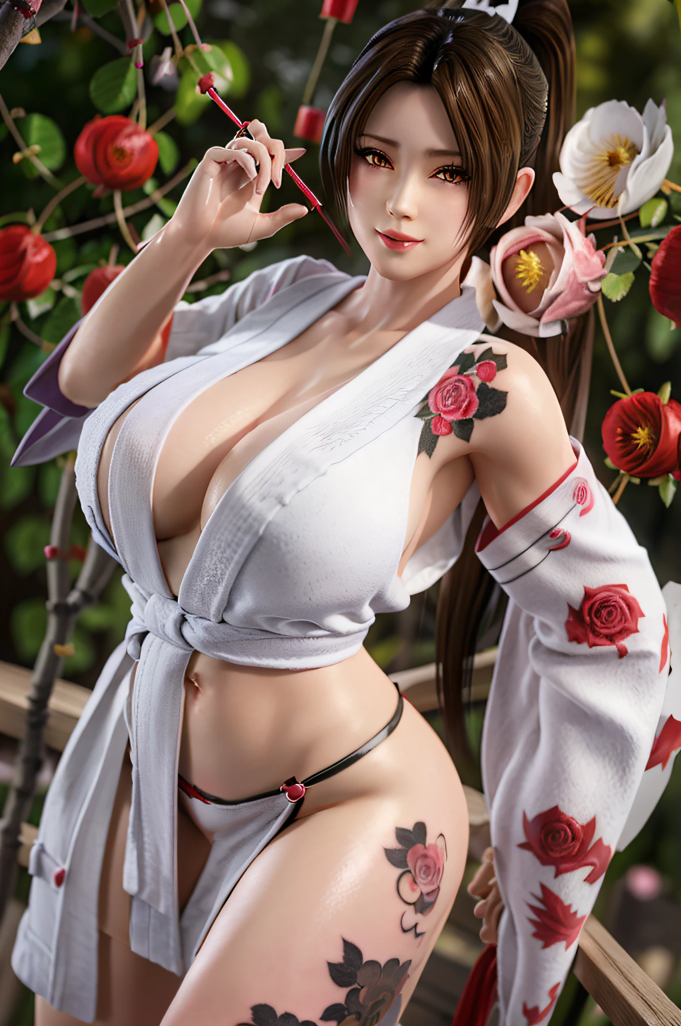 Full body, solo, MaiShiranui,see-through. (Japanese bathrobe:1.5), bangs, black hair, blunt bangs, ( gigantic breasts:1.4), lips, long hair, moles under the mouth, purple eyes, slightly dilated lips, smile, wet skin, Wet hair, shame,Standing amidst the falling cherry blossoms,(rose_tattoos:1.5), (masterpiece: 1.4), (best quality: 1.4), real-life portrait photography, looking at the viewer,Center,