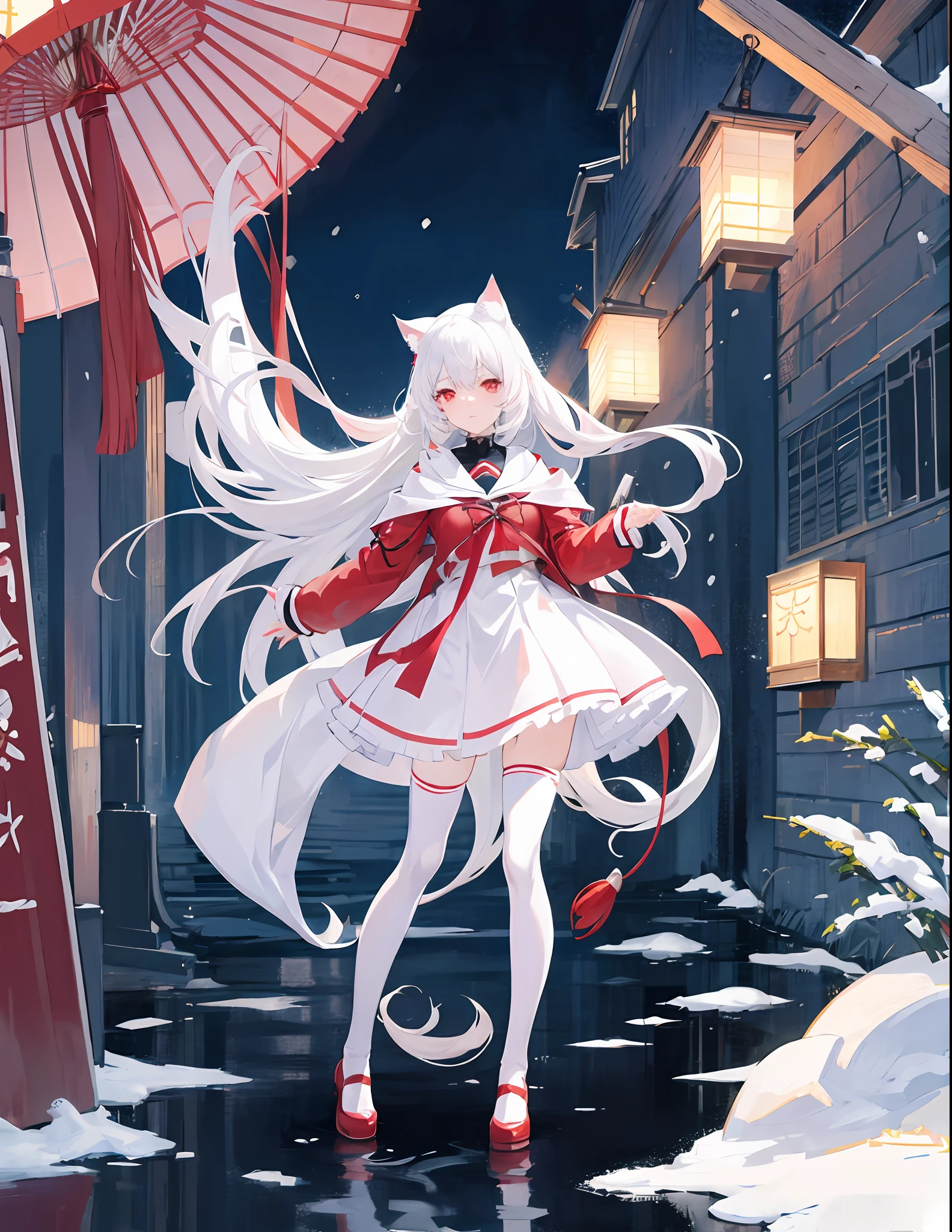 White hair, anime, shoujo, shrine, white cat ears, red witch costume, snow, red umbrella, red eyes, snow, white stockings