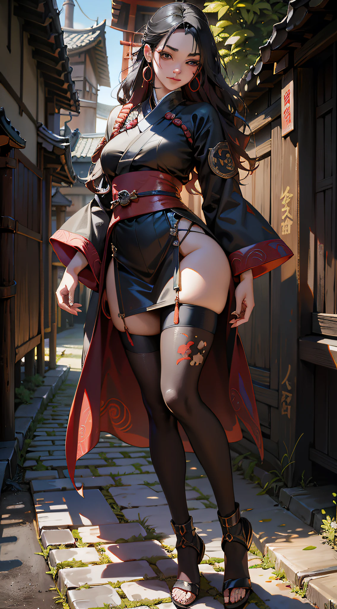 Alafi in black costume and red cape, inspired by Kiyonobu Torii , Korean goddess, Naruto style, realistic fantasy rendering, realistic anime girl rendering, little curve , popular on CGSTATION, WLOP. 4K, in Naruto style