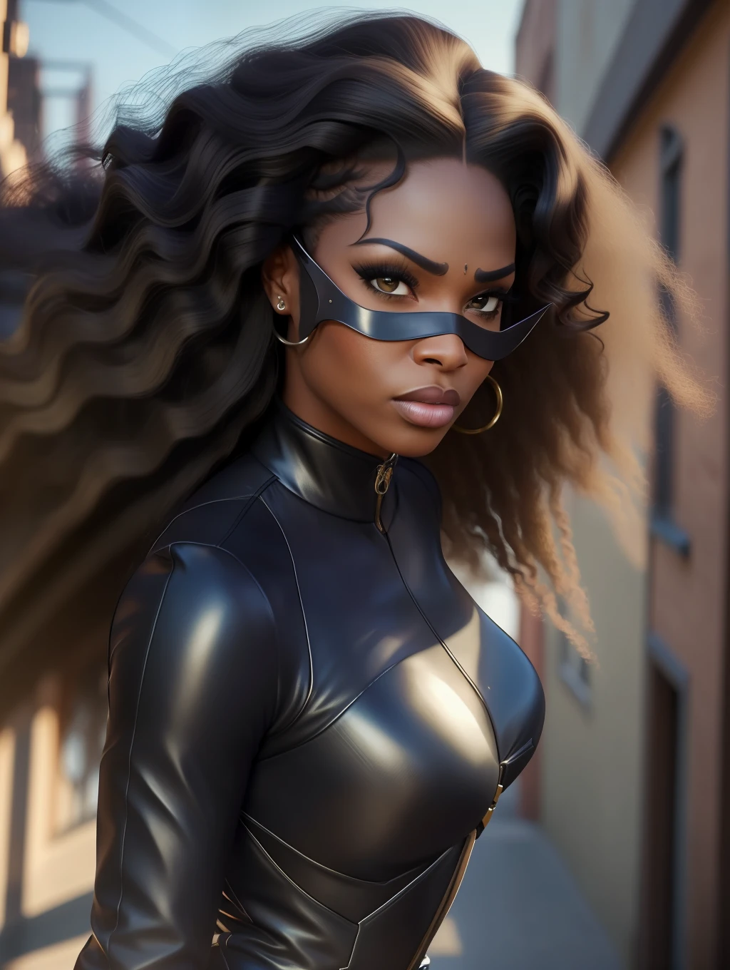 1Afro-American extremely beautiful woman, (catwoman, vintage catwoman suit, superhero), (insanely beautiful Afro-American woman, long straight windy hair, expressive eyes:1.5), solo, looking at viewer, detailed costume, vintage catwoman leather costume, covered, makeup, big city alley, dynamic action poses, top angle shot, masterpiece, (best quality:1.2), ultra-detailed, realistic, High definition, High quality, Cinematic Light, Ray tracing, ultra high res, UHD, 8K, (photorealistic:1.5), intricate details, detailed texture, finely detailed, High quality shadow, dynamic pose, windy hair