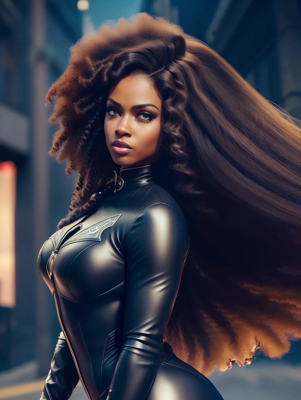 1Afro-American extremely beautiful woman, (catwoman, vintage catwoman suit, superhero), (insanely beautiful Afro-American woman, long straight windy hair, expressive eyes:1.5), solo, looking at viewer, detailed costume, vintage catwoman leather costume, covered, makeup, big city alley, dynamic action poses, top angle shot, masterpiece, (best quality:1.2), ultra-detailed, realistic, High definition, High quality, Cinematic Light, Ray tracing, ultra high res, UHD, 8K, (photorealistic:1.5), intricate details, detailed texture, finely detailed, High quality shadow, dynamic pose, windy hair