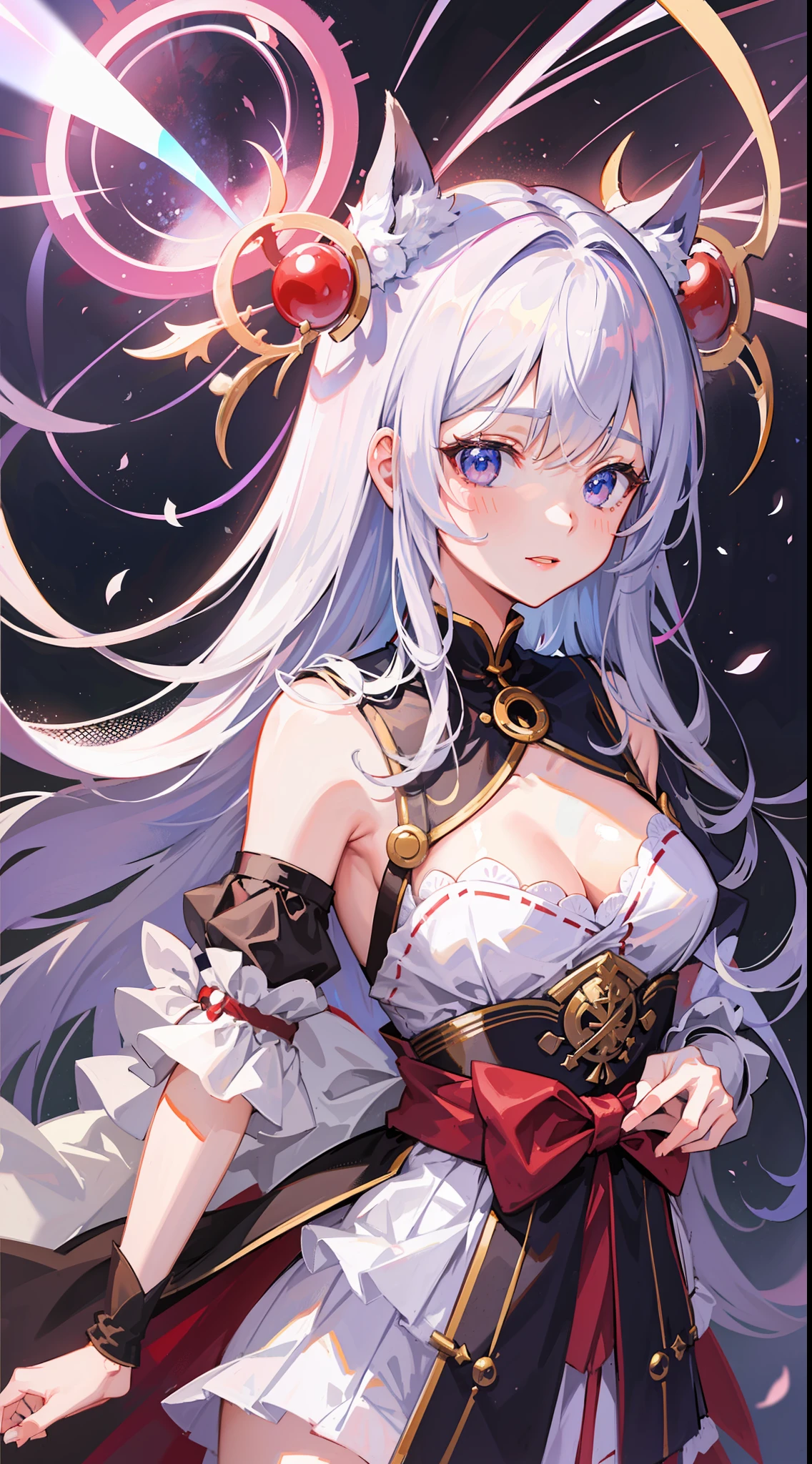 (Masterpiece), (Top Quality Anime Illustration), (Super Definition), (Super Detail), One Girl, Solo, Silver-haired Beautiful Girl, Anime Loli, Cat Ear Loli, Petite, Red and White Priestess Costume, See-Through Red and White Hakama, Lolita Priestess, Smile, Small Breasts, Cleavage, Underboob, Thighs, Sakura, Shrine, Tarot Card Style