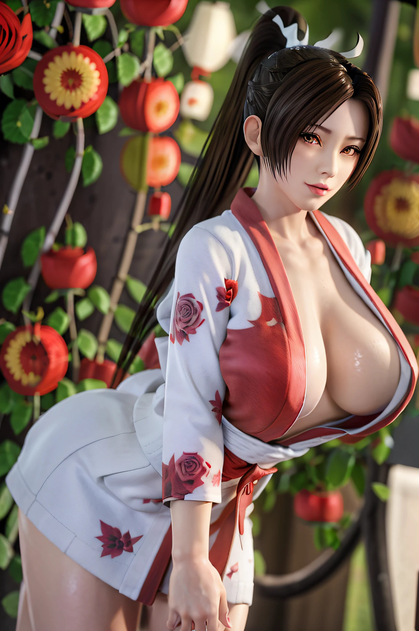 Full body, solo, MaiShiranui, (Japanese bathrobe:1.5), bangs, black hair, blunt bangs, ( gigantic breasts:1.4), lips, long hair, moles under the mouth, purple eyes, slightly dilated lips, smile, wet skin, Wet hair, shame,Standing amidst the falling cherry blossoms,(rose_tattoos:1.5), (masterpiece: 1.4), (best quality: 1.4), real-life portrait photography, looking at the viewer,Center,