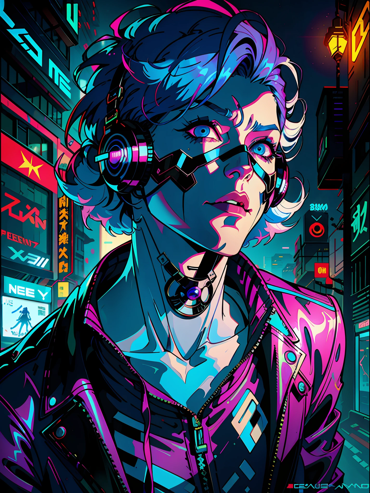 a digital painting of a blue-haired, sexy-expressiond, cyberpunk villain by Josan Gonzalez, winner of the behance contest, afrofuturism, synthwave, neon, glossy neon