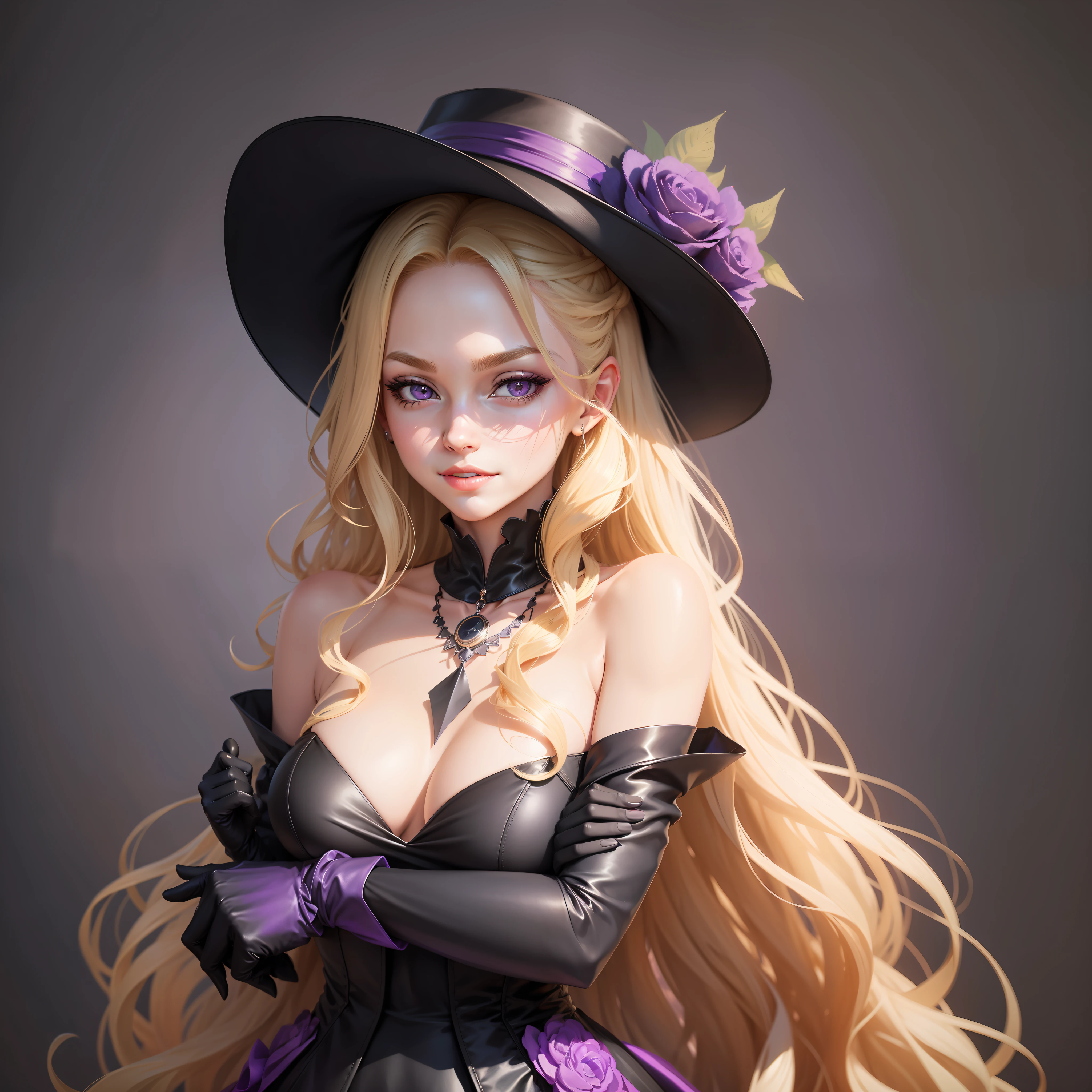 Girl, Full body, wavy, long, blooded,blond hair, purple eyes, perfect anatomy, smirk, finger pressed to the lip, black, décolleté dress, black hat, black necklace, black gloves