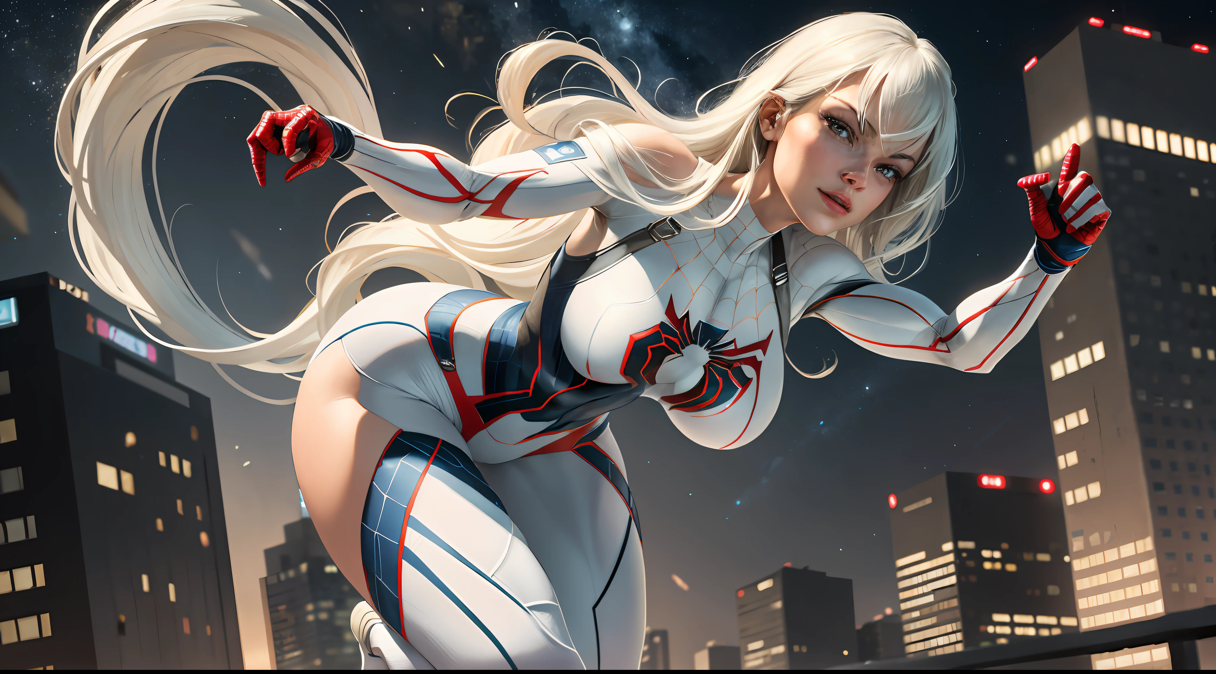 Yvonne Strahovski (Masterpiece, 4k resolution, ultra-realistic, very detailed), (White superhero theme, charismatic, there's a girl at the top of town, wearing Spider-Man costume, she's a superhero), [ (25 years), (long white hair:1.2), full body, (blue eyes:1.2), ((Spider-Man pose),show of strength, jumping from one building to another), ((sandy urban environment):0.8)| (cityscape, at night, dynamic lights), (full moon))] # Explanation: The Prompt mainly describes a 4K painting of ultra-high definition, very realistic, very detailed. It shows a superheroine at the top of the city, wearing a Spider-Man costume. The theme in the painting is a white superhero theme, the female protagonist has long white hair, is 25 years old and her entire body is shown in the painting. In terms of portraying the actions of superheroines, spiders are employed