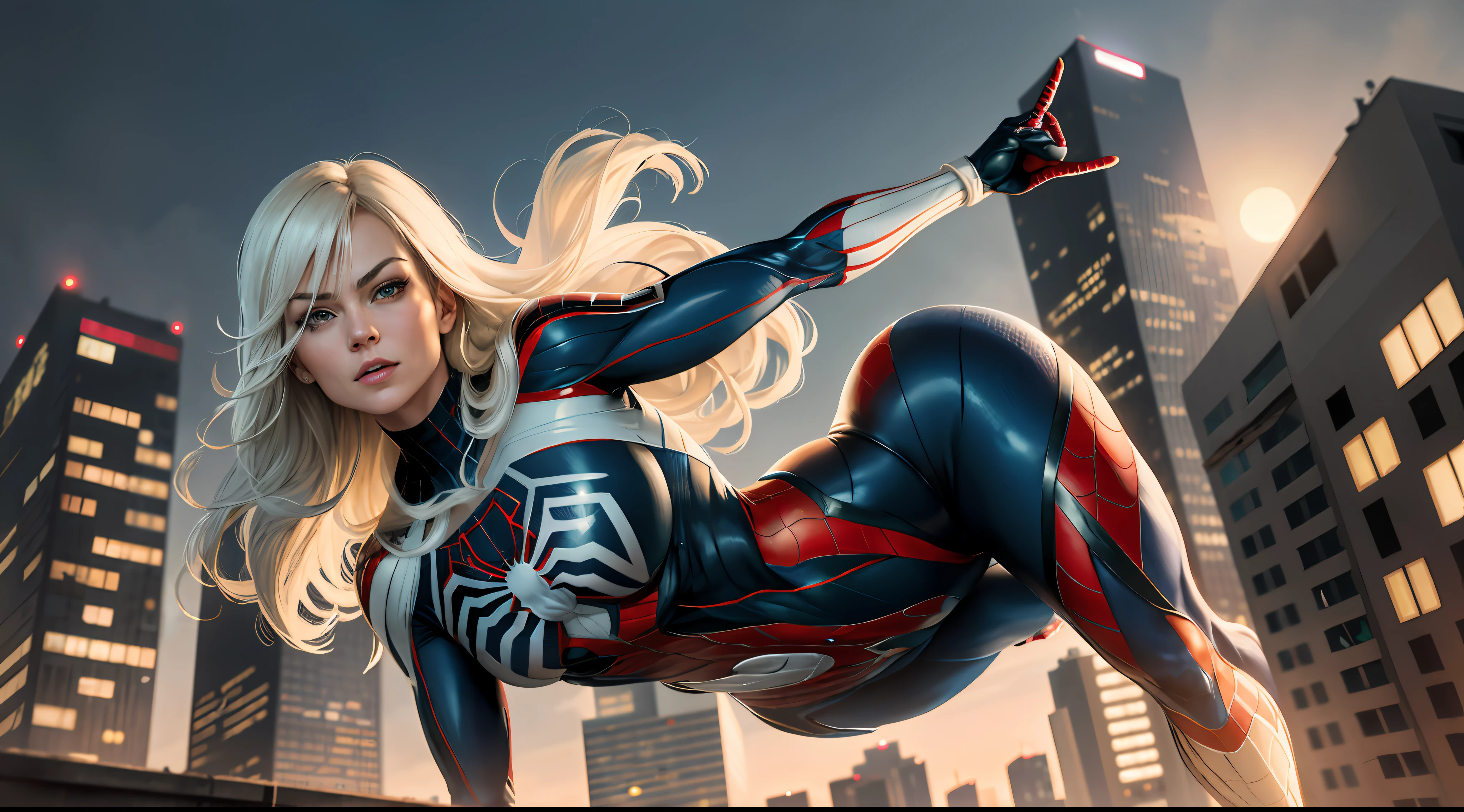Yvonne Strahovski (Masterpiece, 4k resolution, ultra-realistic, very detailed), (White superhero theme, charismatic, there's a girl at the top of town, wearing Spider-Man costume, she's a superhero), [ (25 years), (long white hair:1.2), full body, (blue eyes:1.2), ((Spider-Man pose),show of strength, jumping from one building to another), ((sandy urban environment):0.8)| (cityscape, at night, dynamic lights), (full moon))] # Explanation: The Prompt mainly describes a 4K painting of ultra-high definition, very realistic, very detailed. It shows a superheroine at the top of the city, wearing a Spider-Man costume. The theme in the painting is a white superhero theme, the female protagonist has long white hair, is 25 years old and her entire body is shown in the painting. In terms of portraying the actions of superheroines, spiders are employed