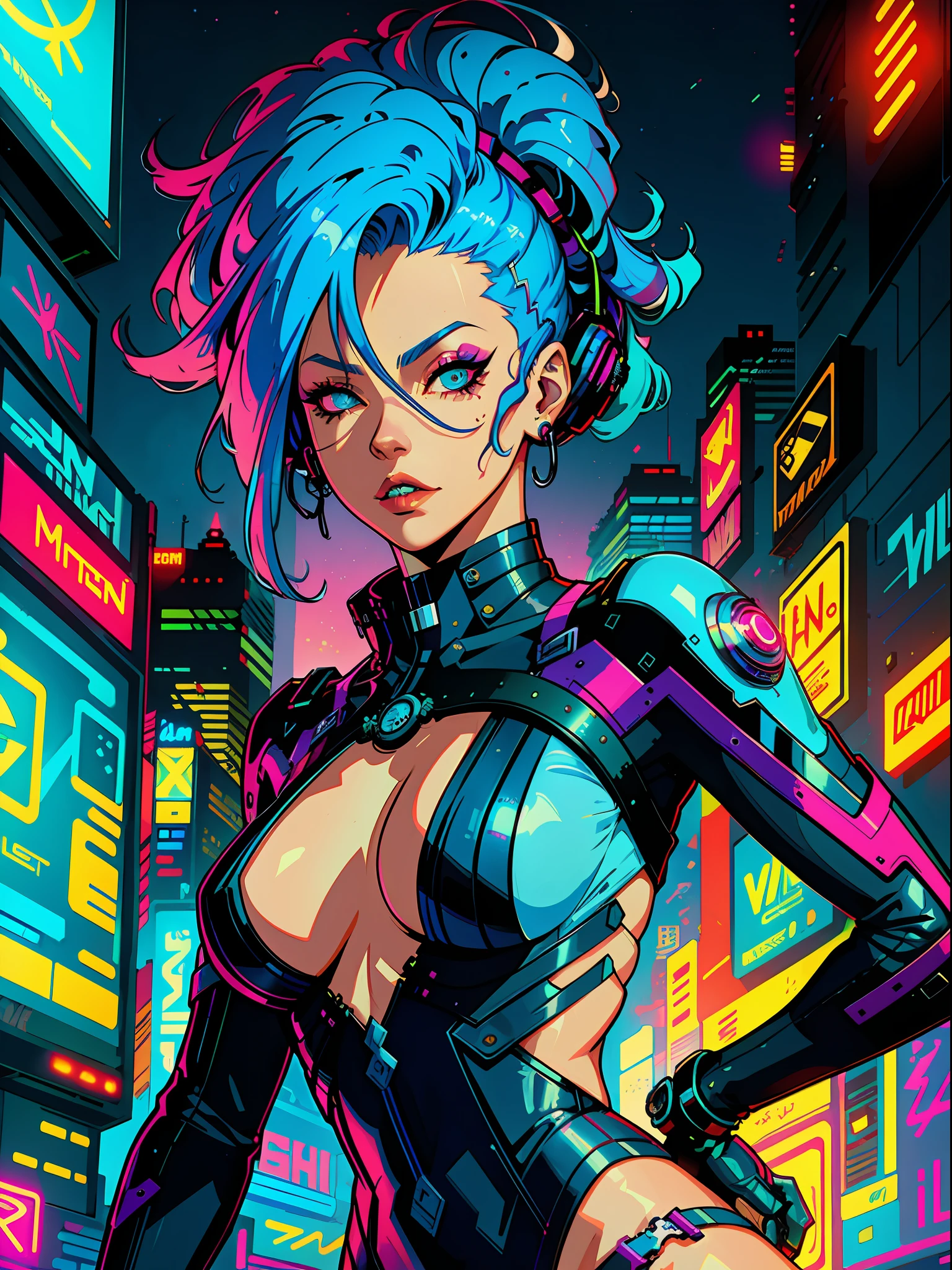 a digital painting of a blue-haired, sexy-looking, cyberpunk art heroine by Josan Gonzalez, winner of the behance contest, afrofuturism, synthwave, neon, glossy neon