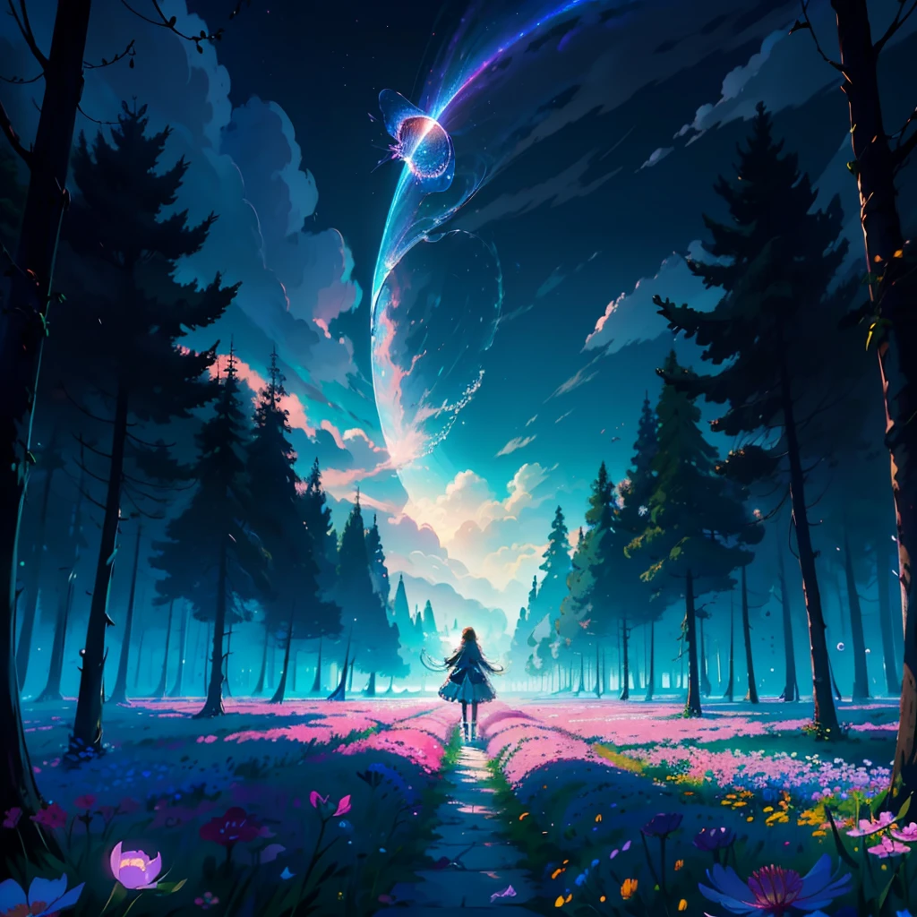(1girl:1.2),(flower field),(petals floating in the wind),cloud sky,cloud,(gothic lolita),colorful petals,cat_ears,full body,(outstretched arm:1.1),
(masterpiece, top quality, best quality, beautiful and aesthetic:1.2),extreme detailed,(ethereal glow),(vibrant colors),(fractal art:1.3), highest detailed, luminous trails,magic,
fish,bubble,air bubble,jellyfish,Ambilight,forest,tree