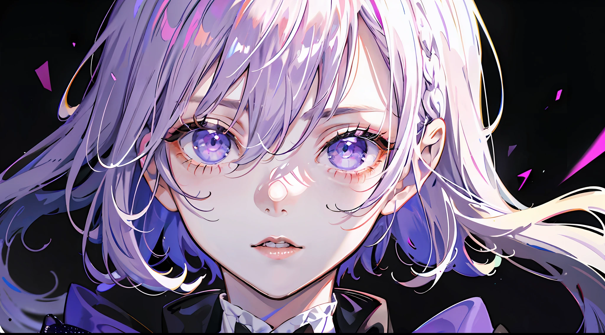 solo, 1girl, monochrome, spot color, multicolored eyes, greyscale, portrait, floating hair, parted lips, looking at viewer, grey background, shadow, chromatic aberration, purple eyes, eyelashes, simple background, blurry, upper body, wind,