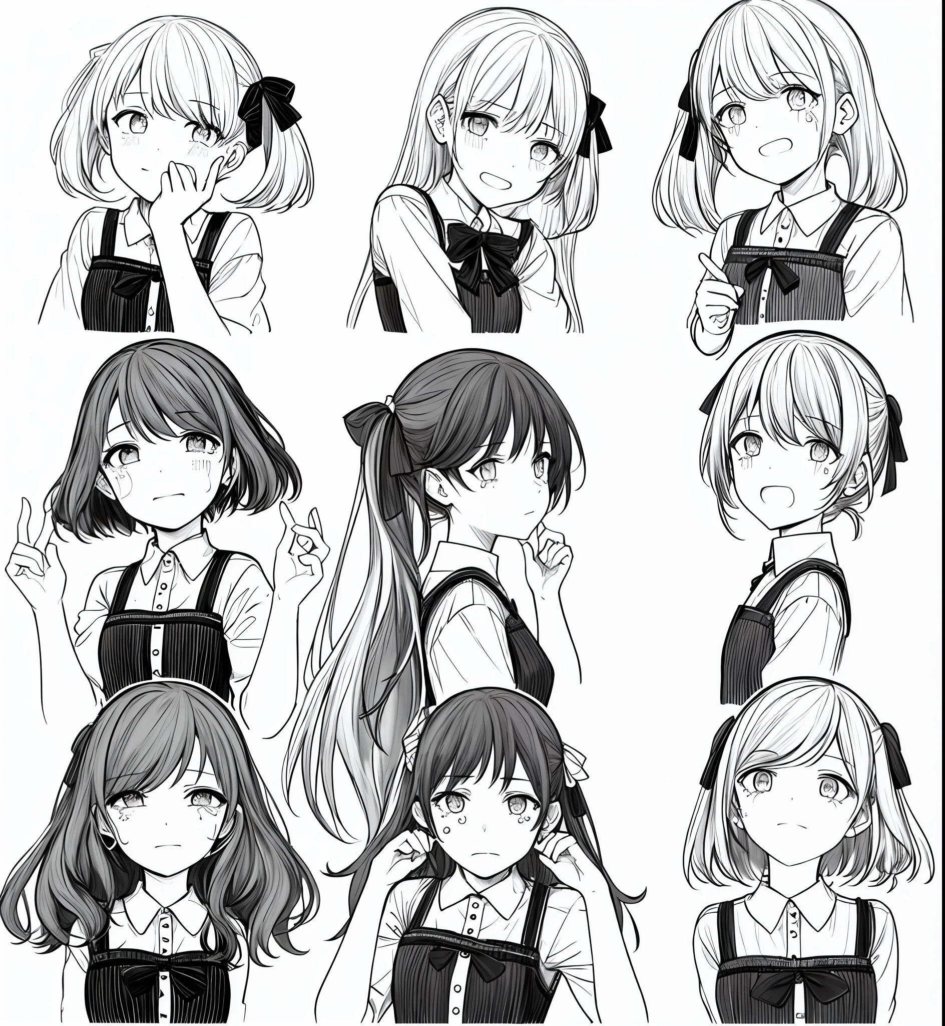 A girl stands there alone with tears on her face and a sad expression, masterpiece, super, 1girl, solo, daywear, bow hair, simple background, white background, monochrome, line drawing, (sketch))
