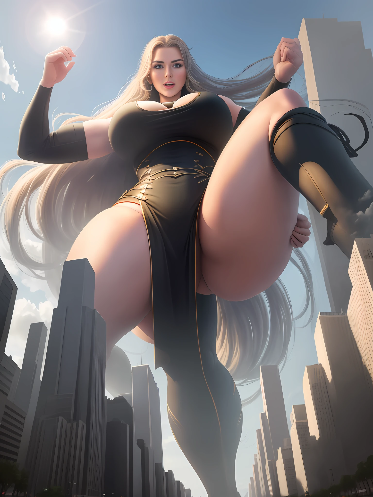 Woman, robust, super long hair dragged on the ground like a waterfall, abs, thick leg muscles, huge breasts, huge buttocks, sexy, character realism, realism. Exaggerated body proportions, ((tall),10,000m giant, huge, huge, huge, excited, huge, towering, full body, straddling pose, thick thighs, wide hips, looking down and under the feet is a building, digital painting, (perfect hands: 1.5)