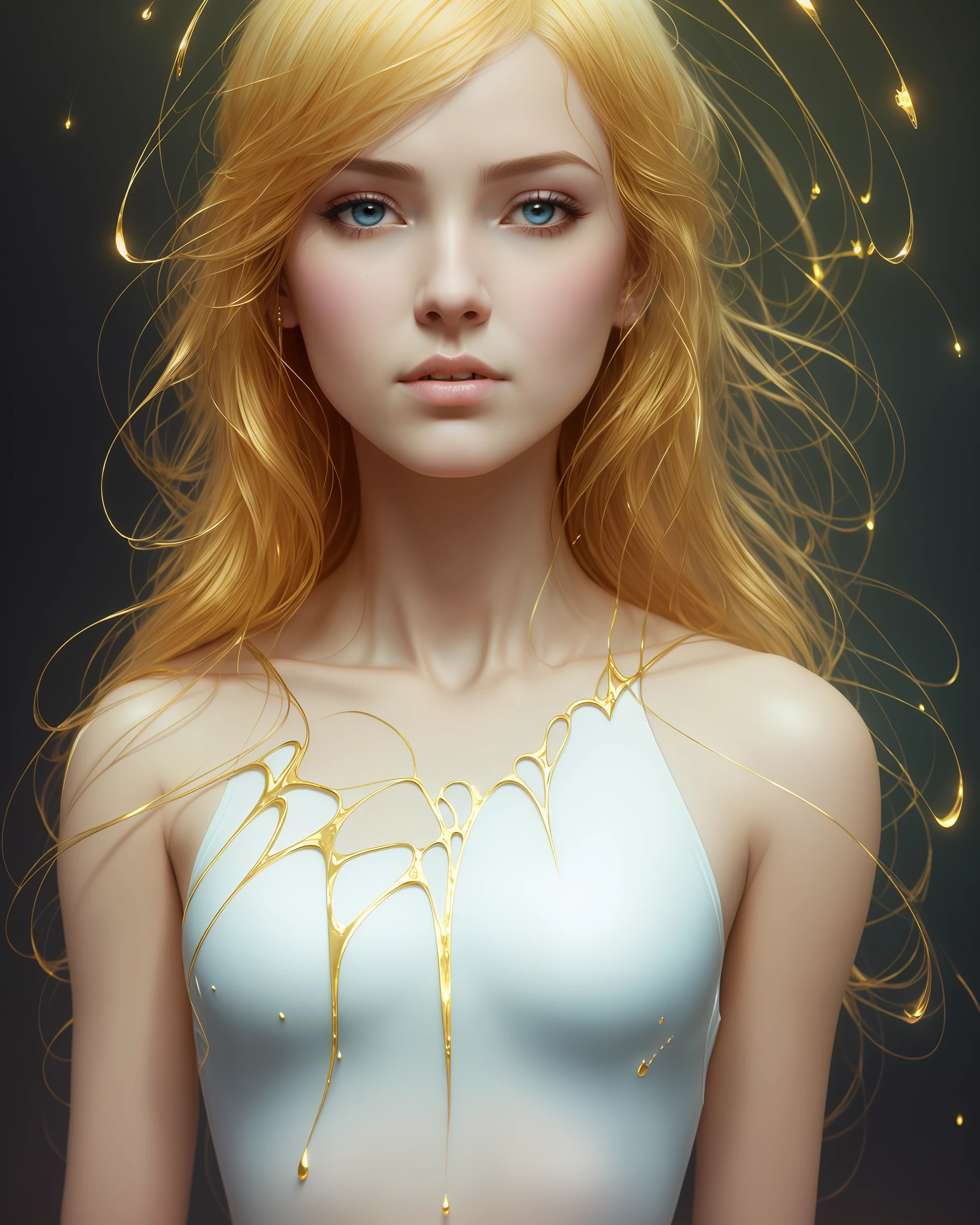 Golden and white, spider man, drip suit, heavy rain, magical, highly detailed, trend in Artstation, unreal 4 K engine, cinematic wallpaper by Stanley Artgerm Lau, Wlop, Rossdraws, James Jean, Andrei Riabovitchev, Marc Simonetti, Yoshitaka Amano. Background by James Jean and Gustav Klimt, light by Julie Bell, 4 k, porcelain skin, style by Zdislaw Beksinski, detailed, 8k, dynamic lighting, chromatic aberration white, soaked, kissing a large