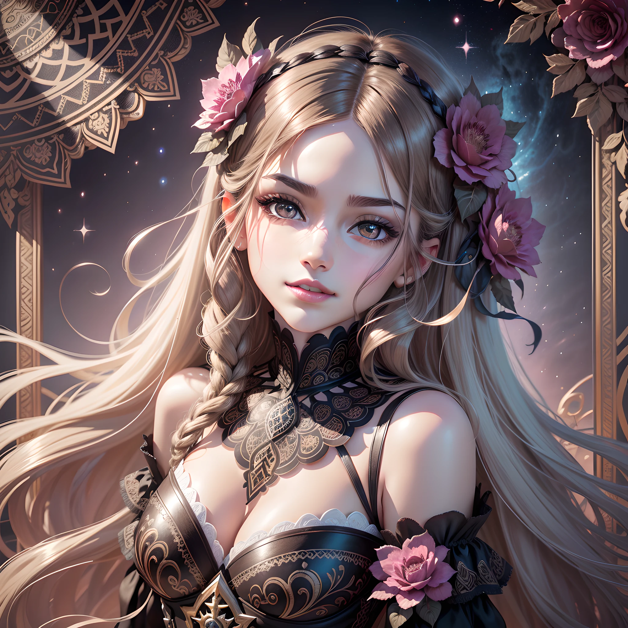 beautifully aesthetic,extreme details,shining,realistic photo,maximum details,(1girl:1.2)magical girl,(darkbrown eyes:1.3),growing eyes,darkbrown hair,very long curl hair,evil_smile,lip gloss,blushing cheeks,beautiful and aesthetic,using strobe lighting, Create images with dramatic shadows, highlights, a sense of depth and dimensionality, official art, 8k wallpapers, masterpieces, top quality, (zentangle, mandala, entangled, entangled), extremely,moonlit night,sece of dark,gothic,from felow,