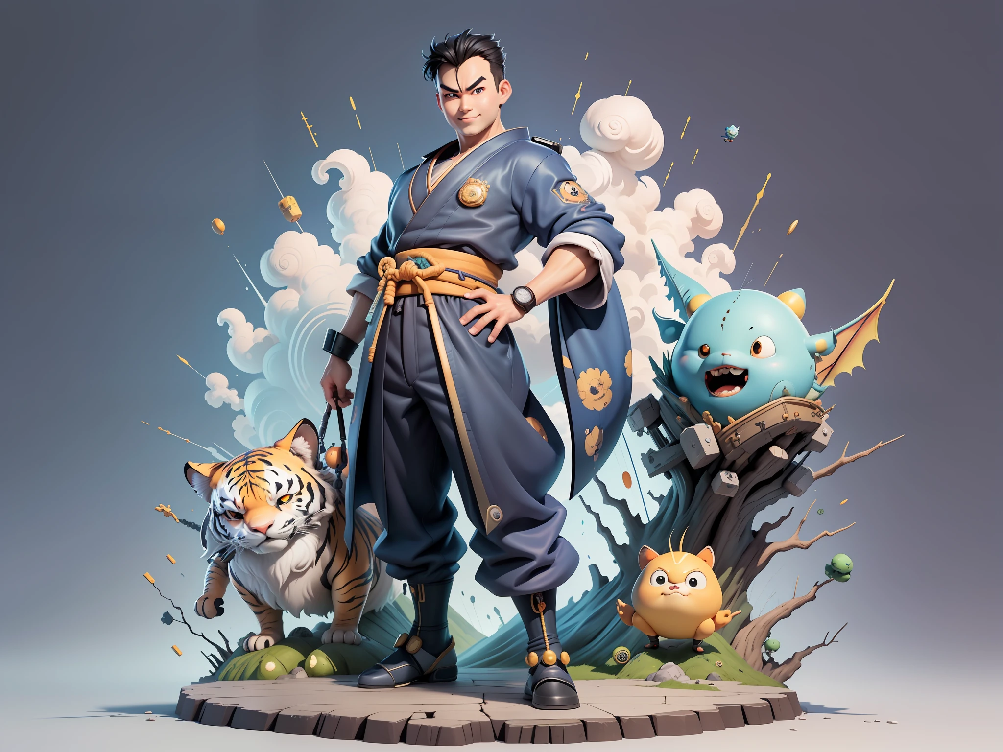 (Masterpiece), (Excellent), (Super Meticulous), (Full Body: 1.2), Super Young Man, Oriental Face, Japanese Kimono, Japanese Wind Thunder God, Dragon, Tiger, TV Anchor, Bust Portrait Illustration, Alone, Black Suit, Blue Tie, Slightly Chubby Face, Very Clean Face, No Beard, Black Super Short Hair, Black Eyes, Confident Smile, 3c Computer Sub-Products, iPad, iPhone, Digital Painting, 3D Character Design by Akira Toriyama and Mark Claireden and Pixar and Hayao Miyazaki, The illustration is a high-definition illustration in 4K resolution with very detailed facial features and cartoon-style visuals.