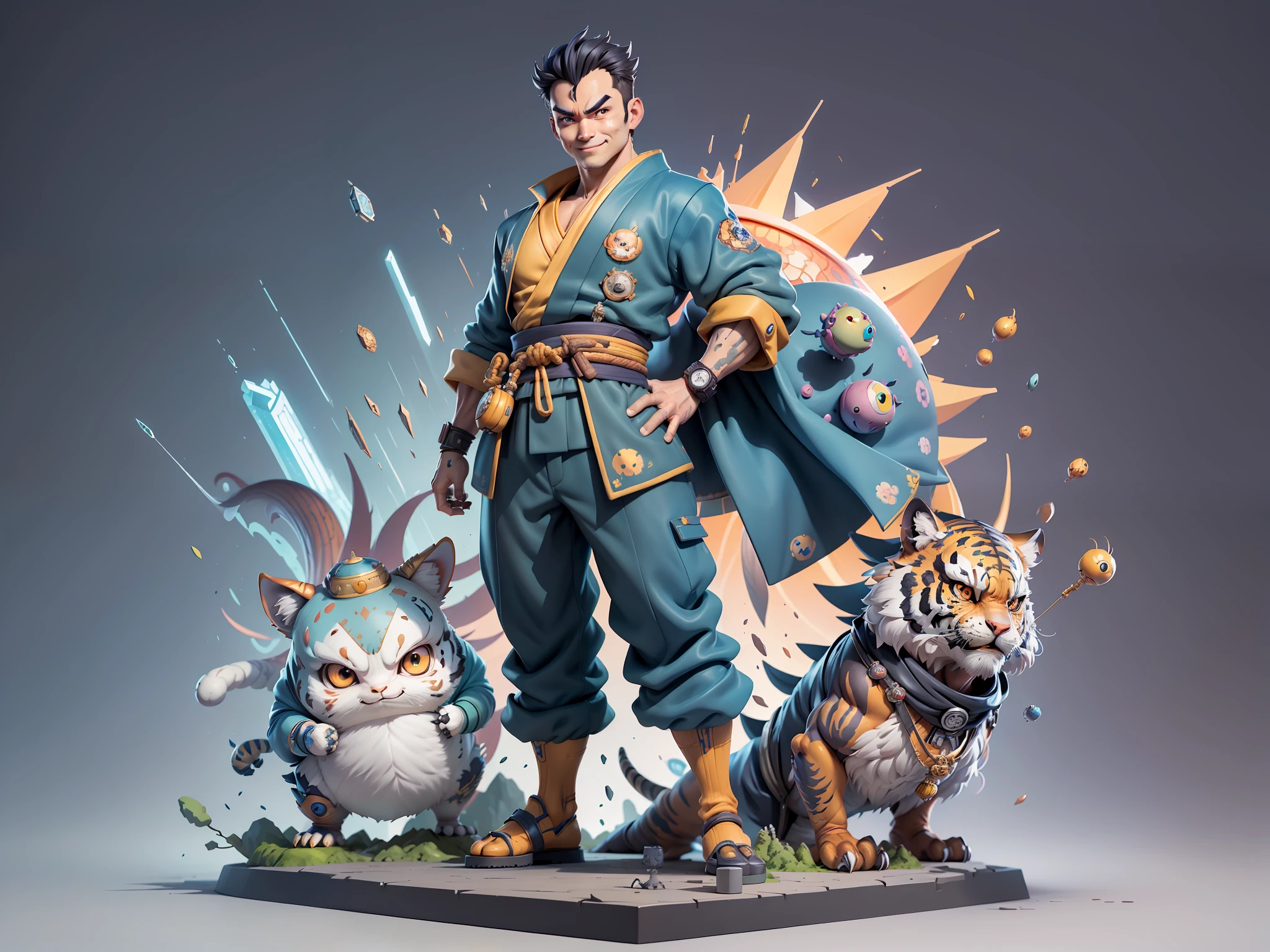 (Masterpiece), (Excellent), (Super Meticulous), (Full Body: 1.2), Super Young Man, Oriental Face, Japanese Kimono, Japanese Wind Thunder God, Dragon, Tiger, TV Anchor, Bust Portrait Illustration, Alone, Black Suit, Blue Tie, Slightly Chubby Face, Very Clean Face, No Beard, Black Super Short Hair, Black Eyes, Confident Smile, 3c Computer Sub-Products, iPad, iPhone, Digital Painting, 3D Character Design by Akira Toriyama and Mark Claireden and Pixar and Hayao Miyazaki, The illustration is a high-definition illustration in 4K resolution with very detailed facial features and cartoon-style visuals.