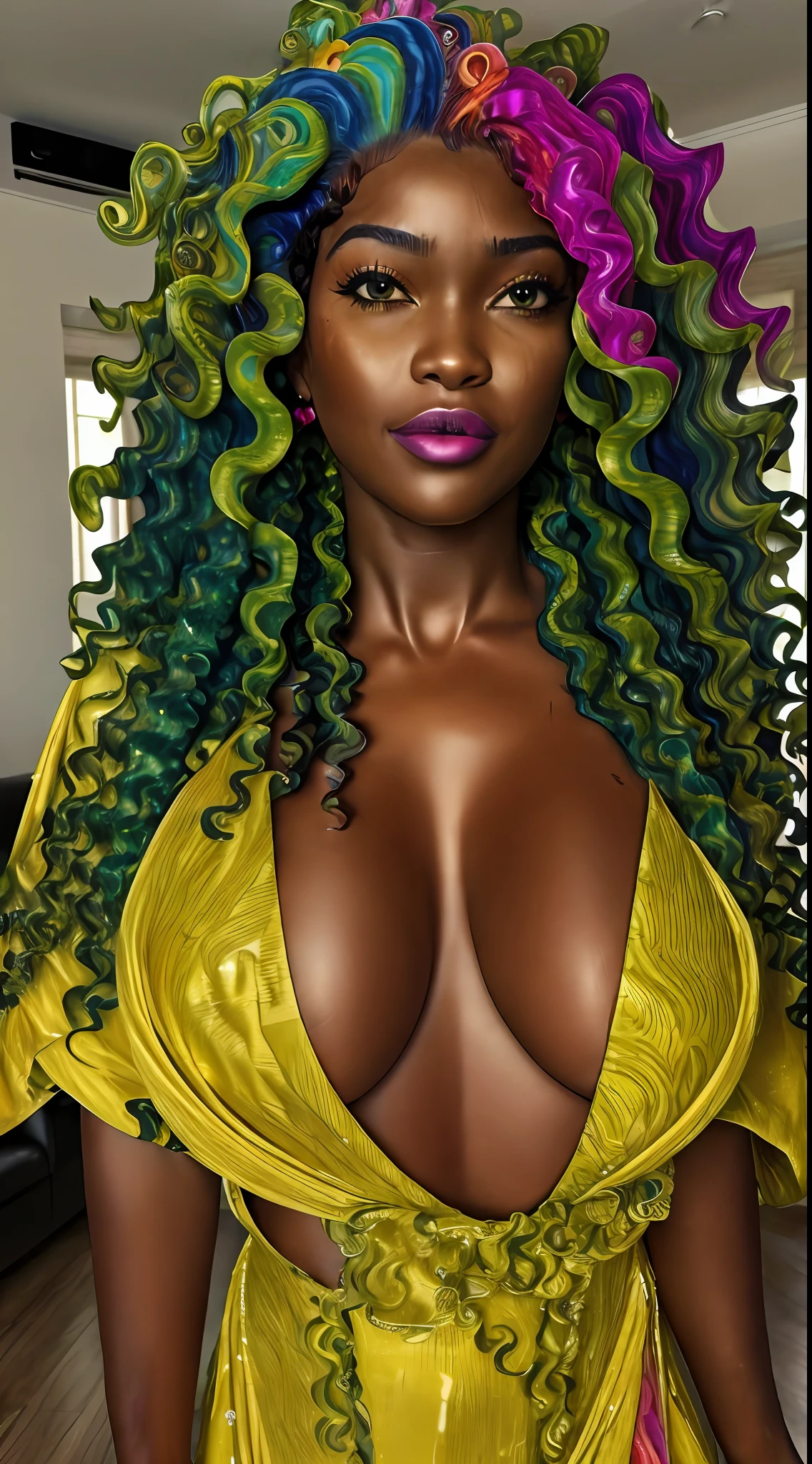 (Best quality, 4k, Masterpiece :1.3), pretty ebony woman, hyper realistic, 1girl, (massive breasts, attractive body :1.35), abs :1.15, (extreme neon rainbow hair), (curly hair:2), (rainy wet, wet from rain, wet body :1.2), ultra-detailed face, ultra-detailed skin, detailed lips, detailed (sparkling (heterochromia, left honey eye, right green eye:1.35)), double eyelid, sultry low neck gown, open cleavage, hanging breasts, side pose, visible curves, party floor, dance floor, party couch, laying with friend, gold transparent robe gold, surprised