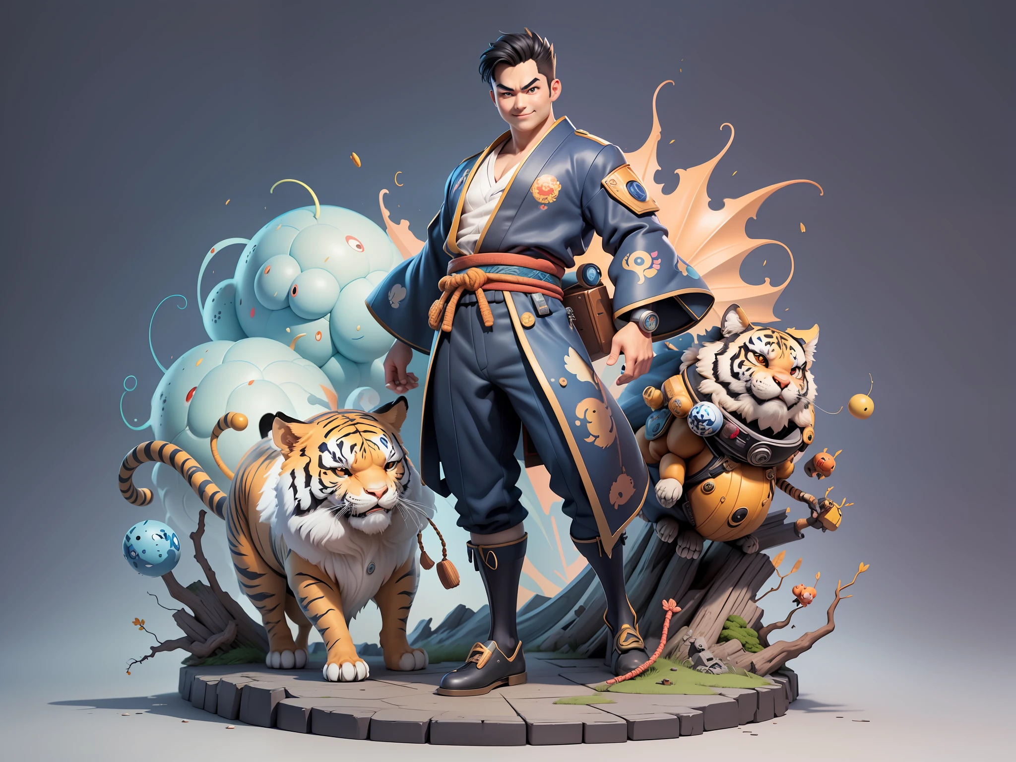 (Masterpiece), (Excellent), (Super Meticulous), (Full Body: 1.2), Super Young Man, Oriental Face, Japanese Kimono, Japanese Wind Thunder God, Dragon, Tiger, TV Anchor, Bust Portrait Illustration, Alone, Black Suit, Blue Tie, Slightly Chubby Face, Very Clean Face, No Beard, Black Super Short Hair, Black Eyes, Confident Smile, 3c Computer Sub-Products, iPad, iPhone, Digital Painting, 3D Character Design by Akira Toriyama and Mark Claireden and Pixar and Hayao Miyazaki, The illustration is a high-definition illustration in 4K resolution with very detailed facial features and cartoon-style visuals.