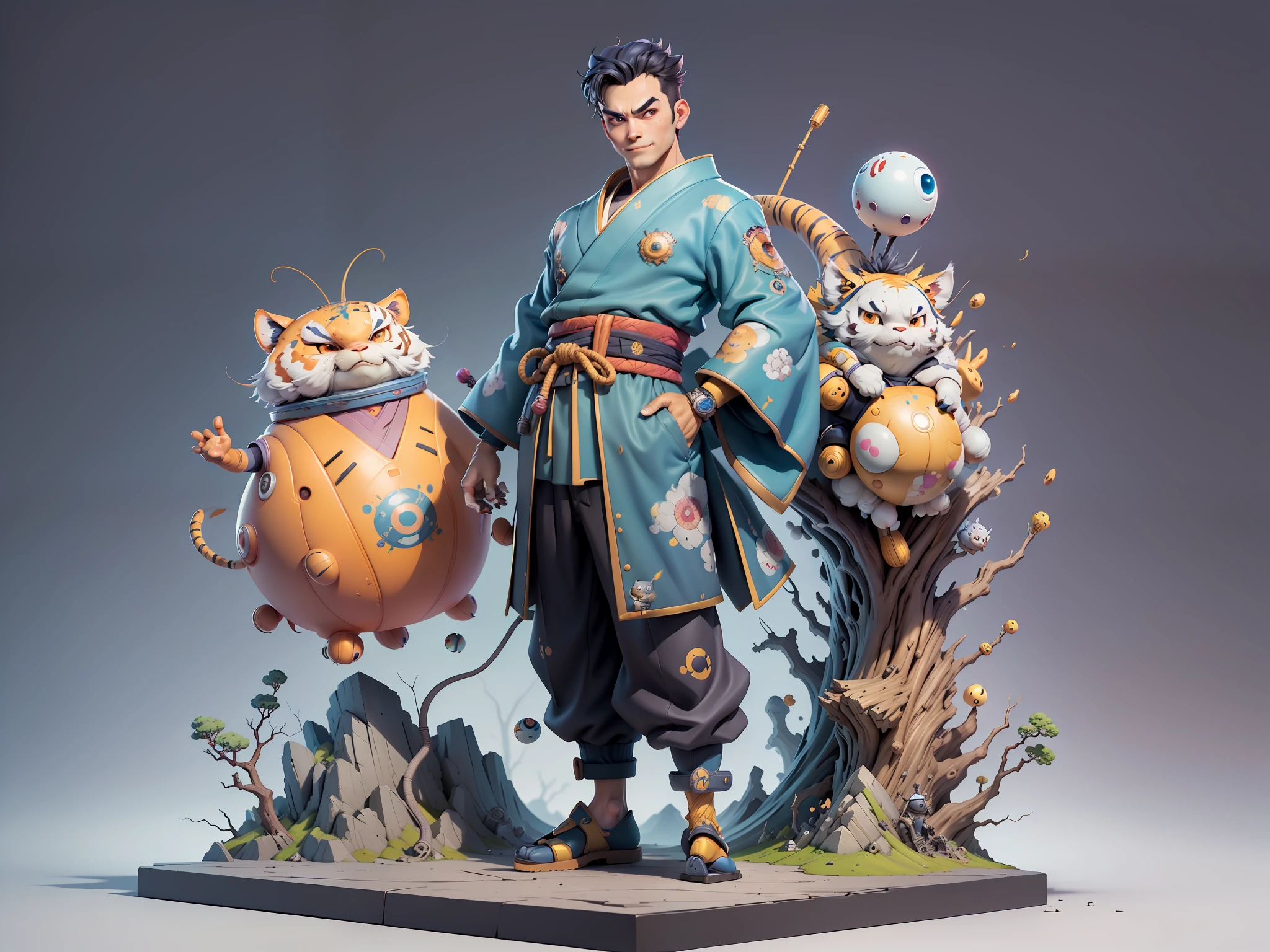 (Masterpiece), (Excellent), (Super Meticulous), (Full Body: 1.2), Super Young Man, Oriental Face, Japanese Kimono, Japanese Wind Thunder God, Dragon, Tiger, TV Anchor, Bust Portrait Illustration, Alone, Black Suit, Blue Tie, Slightly Chubby Face, Very Clean Face, No Beard, Black Super Short Hair, Black Eyes, Confident Smile, 3c Computer Sub-Products, iPad, iPhone, Digital Painting, 3D Character Design by Akira Toriyama and Mark Claireden and Pixar and Hayao Miyazaki, The illustration is a high-definition illustration in 4K resolution with very detailed facial features and cartoon-style visuals.