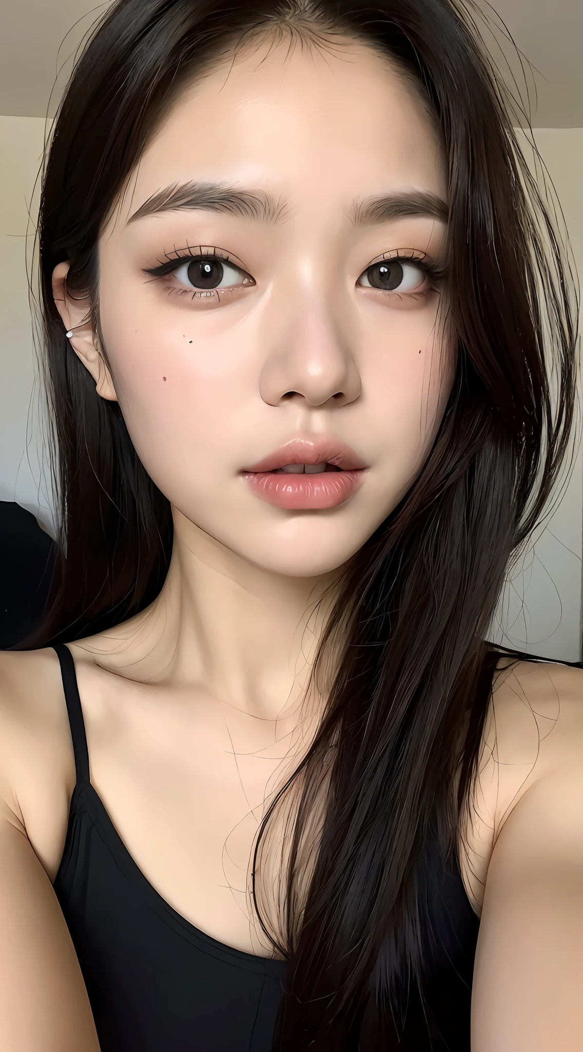 ((Top quality, 8k, Masterpiece: 1.3)), beauty, hidden face, 1 girl, beauty: 1.3, camisole vest, long black hair, (sitting on bed), ultra-detailed face, highly detailed lips, detailed eyes, double eyelids