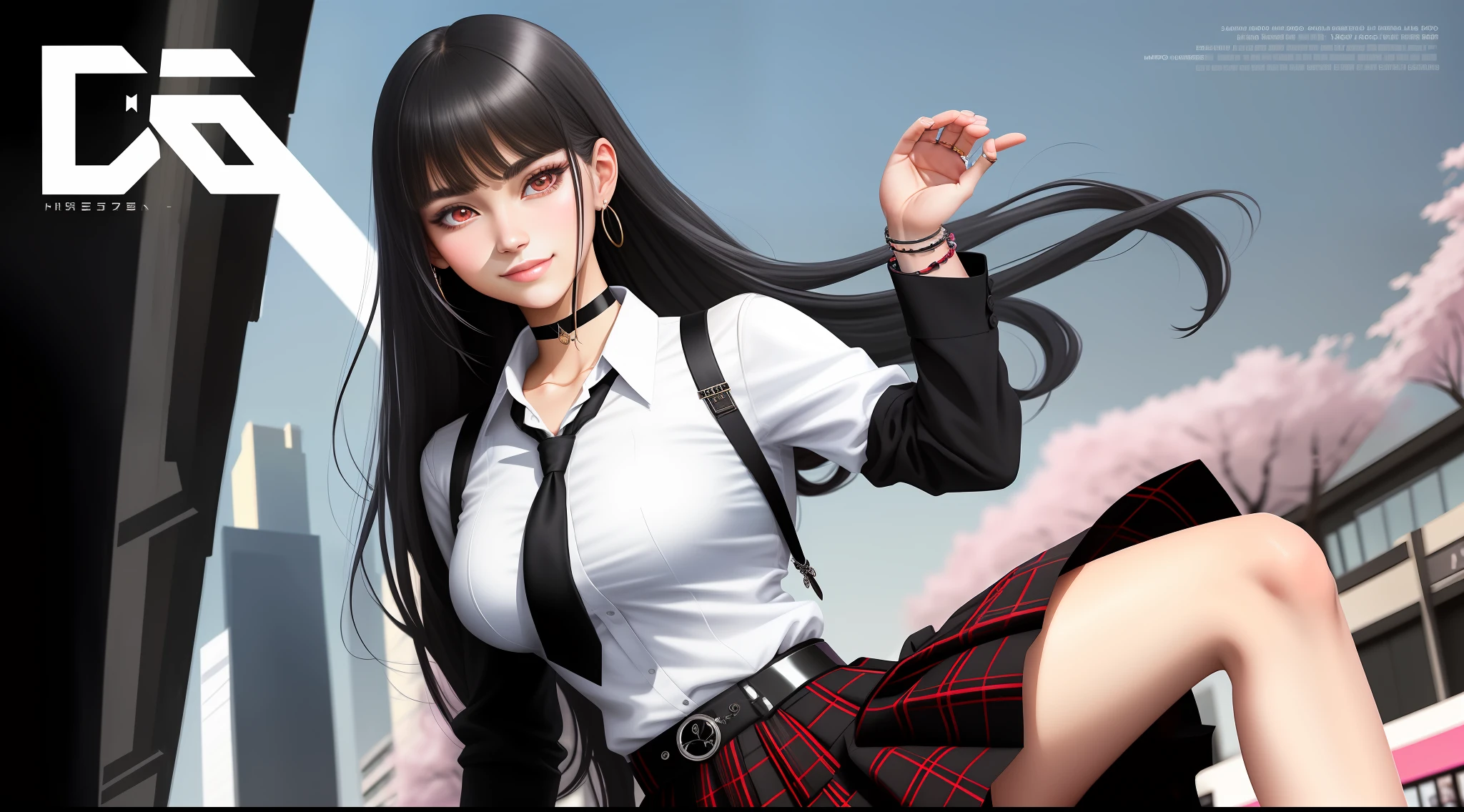 masterpiece, best quality, full body, 1girl, bangs, black choker, black necktie, black hair, blue skirt, blush, bracelet, breasts, choker, clothes around waist, collarbone, collared shirt, cowboy shot, dress shirt, ear piercing, eyebrows visible through hair, gradient hair, grin, gyaru, jewelry, kogal, long hair, looking at viewer, loose necktie, necktie, piercing, plaid, plaid skirt, pleated skirt, red eyes, ring, school uniform, shirt, skirt, smile, solo, white shirt, street, sky, cherry blossoms, petals,illustration, (magazine:1.3), (cover-style:1.3), fashionable, woman, vibrant, outfit, posing, front, colorful, dynamic, background, elements, confident, expression, holding, statement, accessory, majestic, coiled, around, touch, scene, text, cover, bold, attention-grabbing, title, stylish, font, catchy, headline, larger, striking, modern, trendy, focus, fashion,