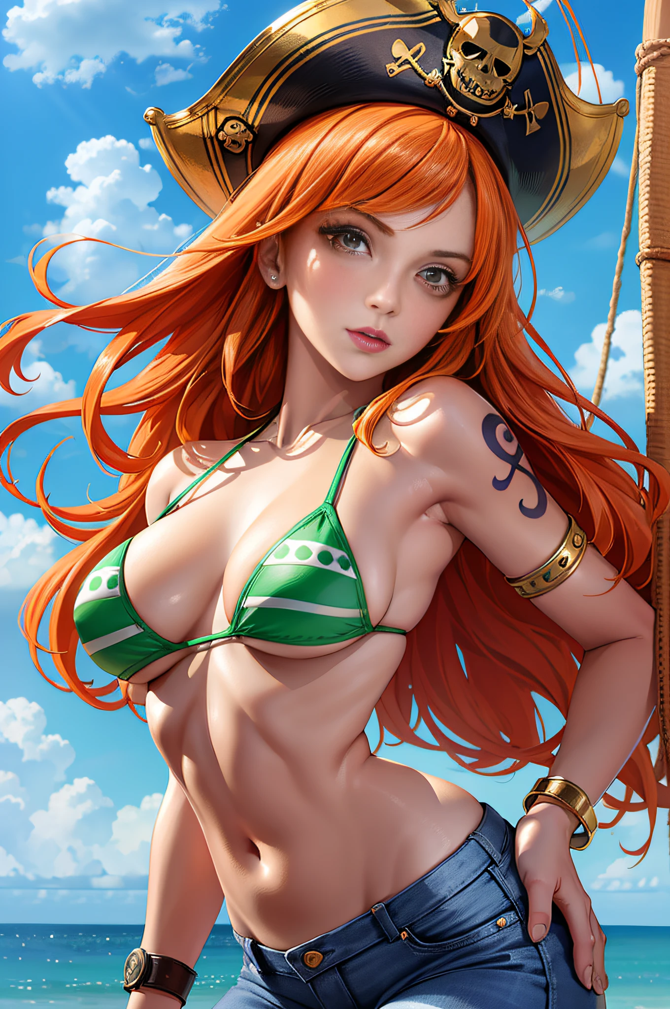 (((masterpiece+best quality+high resolution+ultra-detailed))), 1girl with clima-tact, Nami, long silky orange hair, high nose, sharp eyes, noble and inviolable temperament, (([female]: 1.2 + [beauty]: 1.2 + orange long hair: 1.2)), pirate ship background, blue sky, clouds, log pose, gold bracelets, revealing green and white bikini halter top, tight low-rider jeans, shoulder tattoo, bright eyes, dynamic angle and posture.