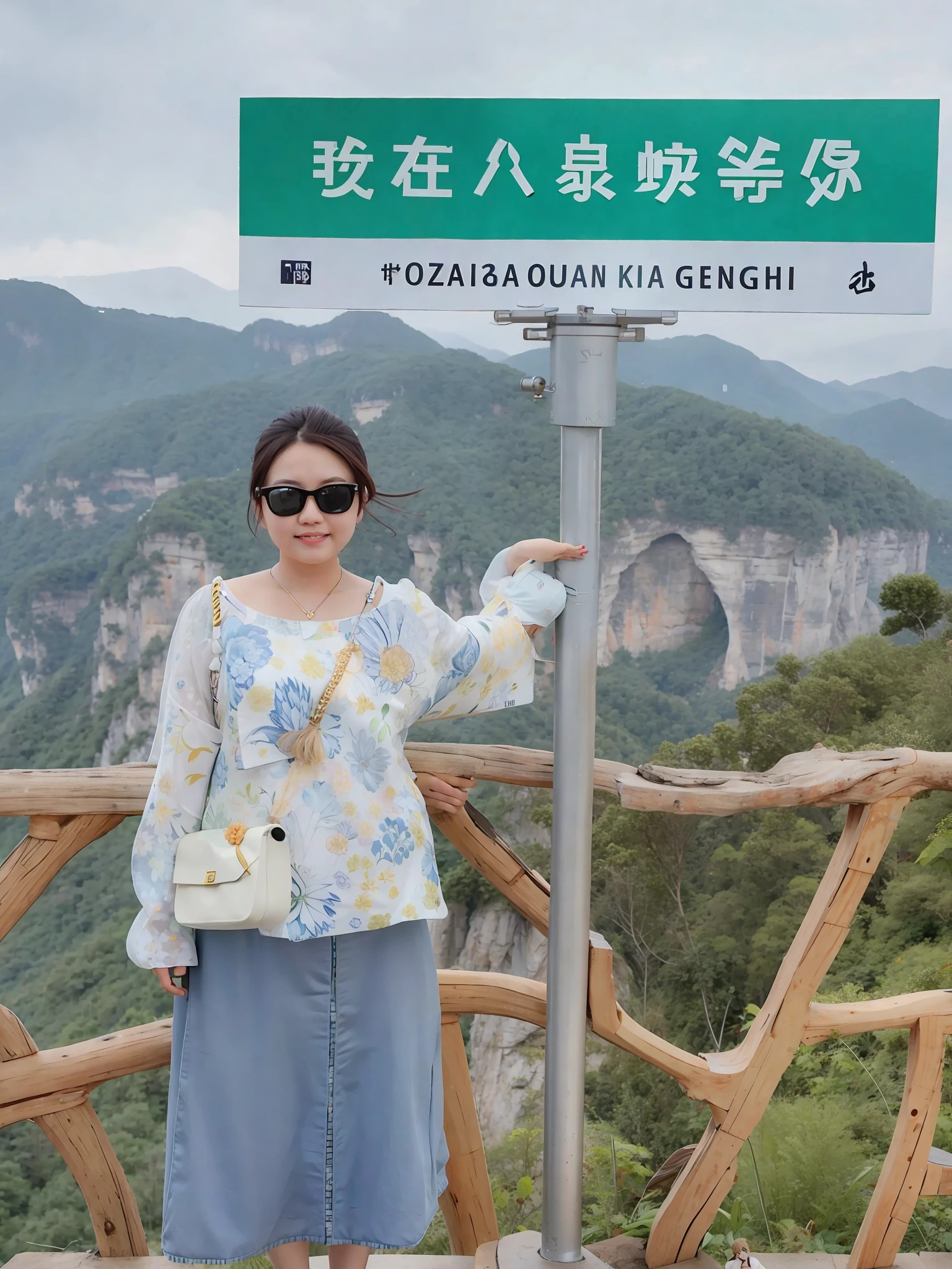 arafed woman standing next to a sign pointing to a mountain, li zixin, zhangjiajie national forest park, xintong chen, zmonzheng, zeng fanzh, louise zhang, from china, pengzhen zhang, zhangjiajie, qichao wang, xiang duan, wenfei ye, wei wang