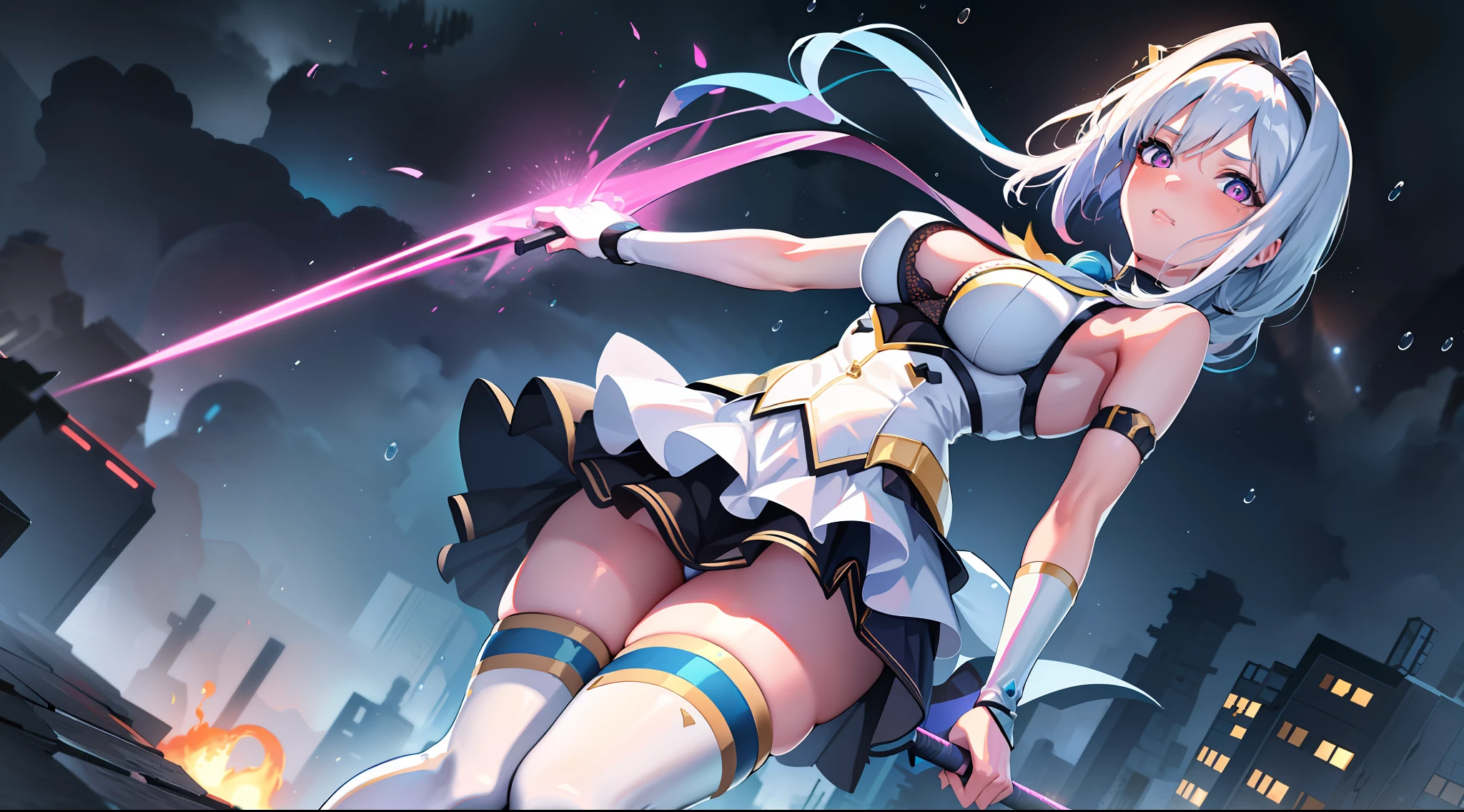 (Hyper Extreme Detail), (Masterpiece), (Hyper Extreme), (Photorealistic), CG, (Color: 1.2), 1 Girl, Solo, Haruka Takamori, Pink Eyes, Blue Hair, White Hair Band, Magical Girl, Blue Costume, White Thighs, White Skirt, Moderate Breasts, Watch Viewer, Rain, Sky, Ruins, Burning City, Cyberpunk