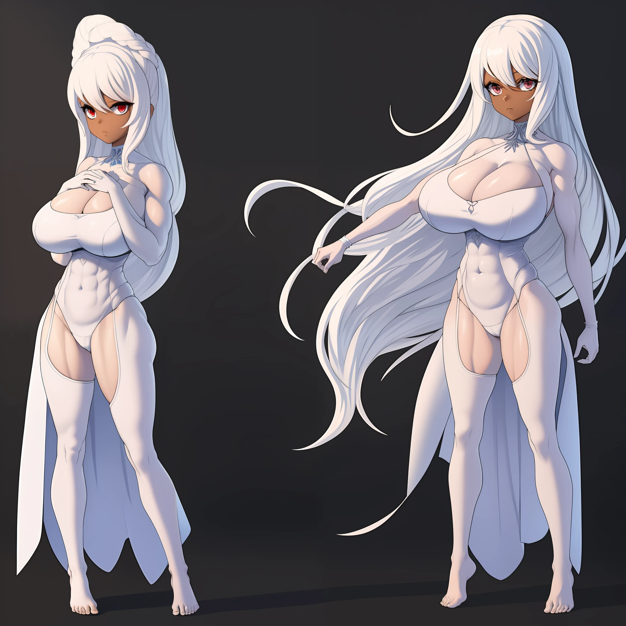 Giant woman, 3,47mts tall, huge breasts, thin and muscular body, thin waist, huge hip, huge ass, long white hair, dark skin, dark skin tone, only white panties and bra with black lace details very tight to the body