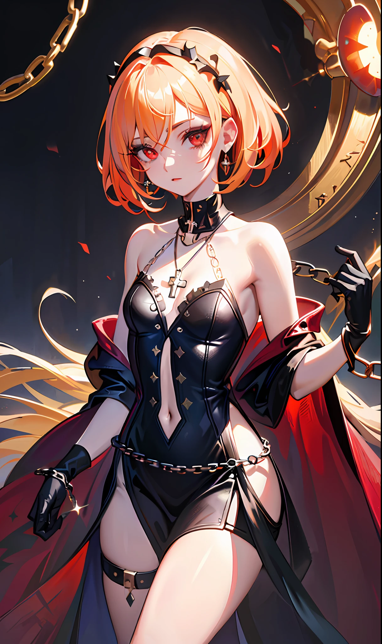 (Masterpiece, Side Light, Fine Beautiful Eyes: 1.2), (Masterpiece * Portrait), Portrait, (Bust), Realistic, Anatomically Correct, 3D Face, Sweet Skin, (Solo), Gradient Hair with Golden Pick Dye, (Close-up of Face), Cute Face, (Fire Opal-like Scarlet Eyes), Hanging Eye Corners, ((High Detail Skin, Visible Pores)), (Perfect Figure), A Beautiful Girl, Small Breasts, (((Gothic)), Robe, (Neck Ring), Very, Very Short Short Glove, (metal waist chain), (lower body pendant), (cross decoration), (thigh leg ring), (chain chain),