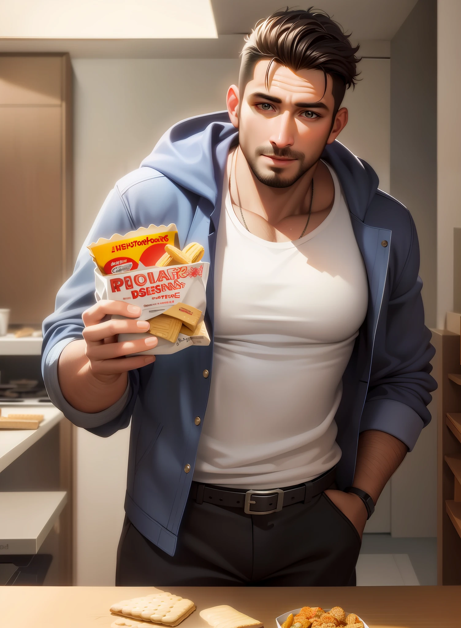 araffe man holding a bag of crackers and a box of crackers, semi - realistic render, photoreal octane rendering, hyper realistic render, ultra realistic render, realistic render, realistic cgi render, ultra realistic 3d illustration, super realistic food picture, photorealistic cgi, photo realistic render, product render, promotional render, hyper - realistic render, hyper-realistic render