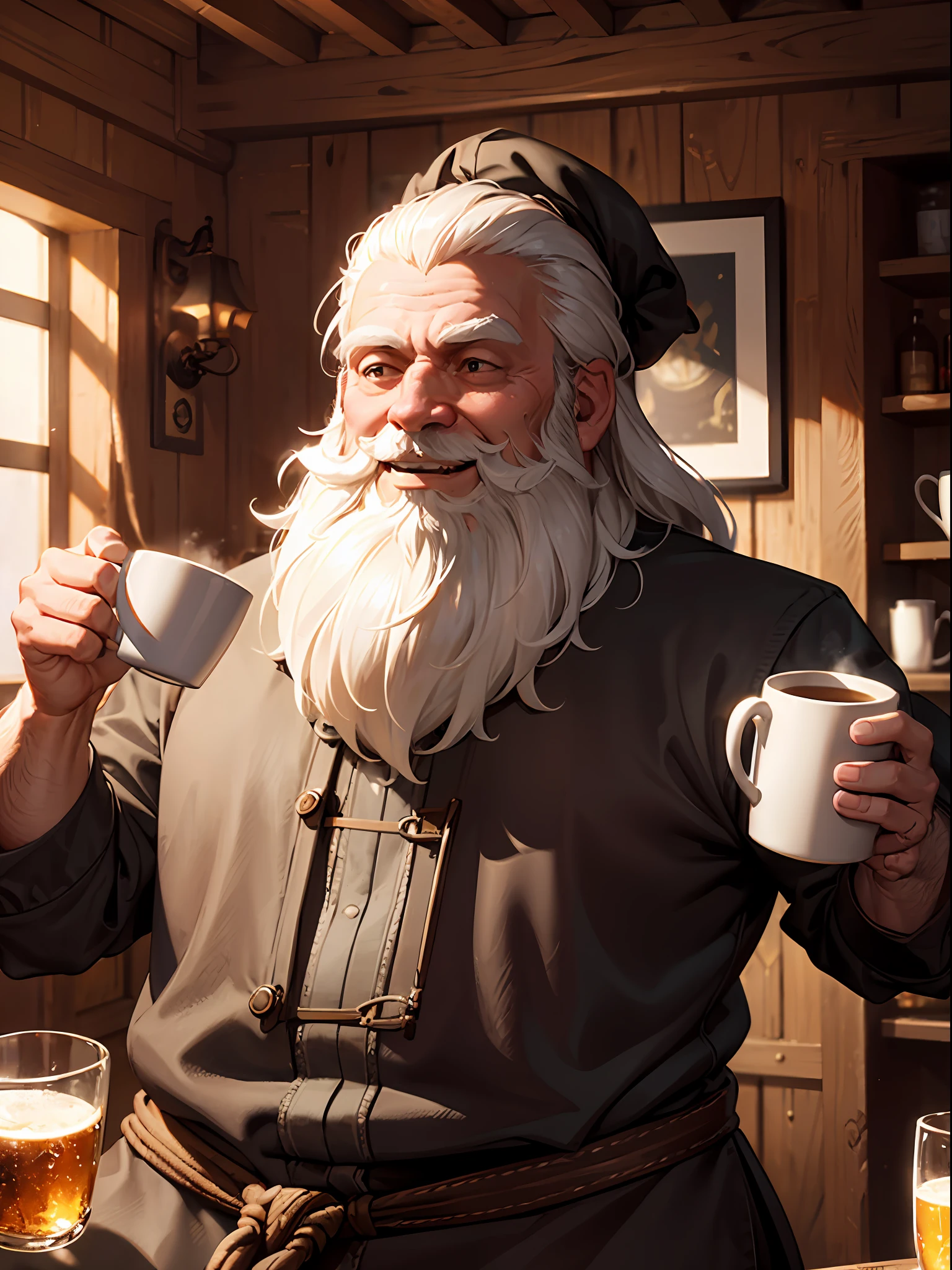 (exquisitely detailed CG unity 8k wallpaper, masterpiece-quality with stunning realism), (best illumination, best shadow, dark and foreboding), (best quality), "Magnificent artwork, unparalleled quality, ultra-high resolution and perfect anatomical features. Using cinematic lighting to illuminate the scene, a sturdy and bearded dwarf merchant with both a full and long beard presents a cheerful smile, seemingly laughing while enjoying a mug of ale in a cozy tavern atmosphere."