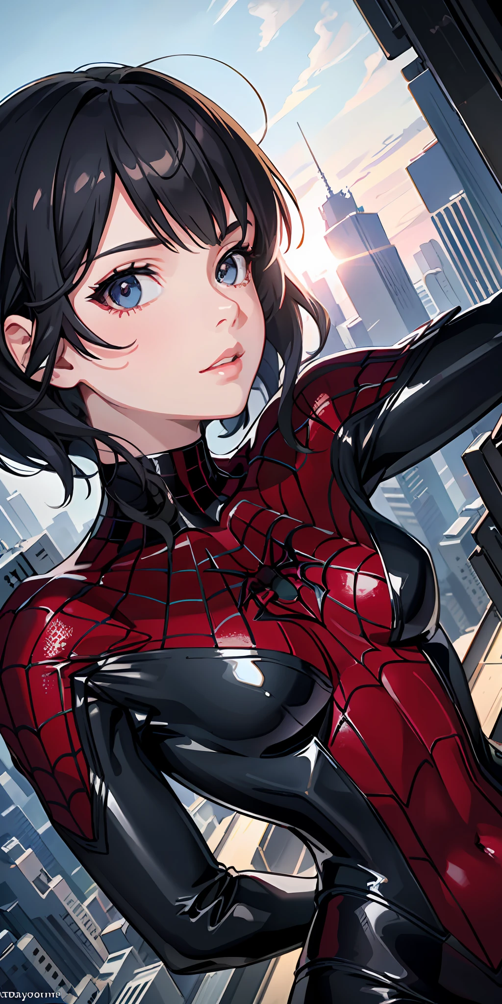 (1girl:1.3), Solo, (((Very detailed face)))), ((Very detailed eyes and face)))), Beautiful detail eyes, Body parts__, Official art, Unified 8k wallpaper, Super detailed, beautiful and beautiful, beautiful, masterpiece, best quality, original, masterpiece, super fine photo, best quality, super high resolution, realistic realism, sunlight, full body portrait, amazing beauty, dynamic pose, delicate face, vibrant eyes, (from the front), She wears Spider-Man suit, red and black color scheme, spider, very detailed city roof background, rooftop, overlooking the city, detailed face, detailed complex busy background, messy, gorgeous, milky white, highly detailed skin, realistic skin details, visible pores, clear focus, volumetric fog, 8k uhd, DSLR, high quality, film grain, fair skin, photo realism, lomography, futuristic dystopian megalopolis, translucent
